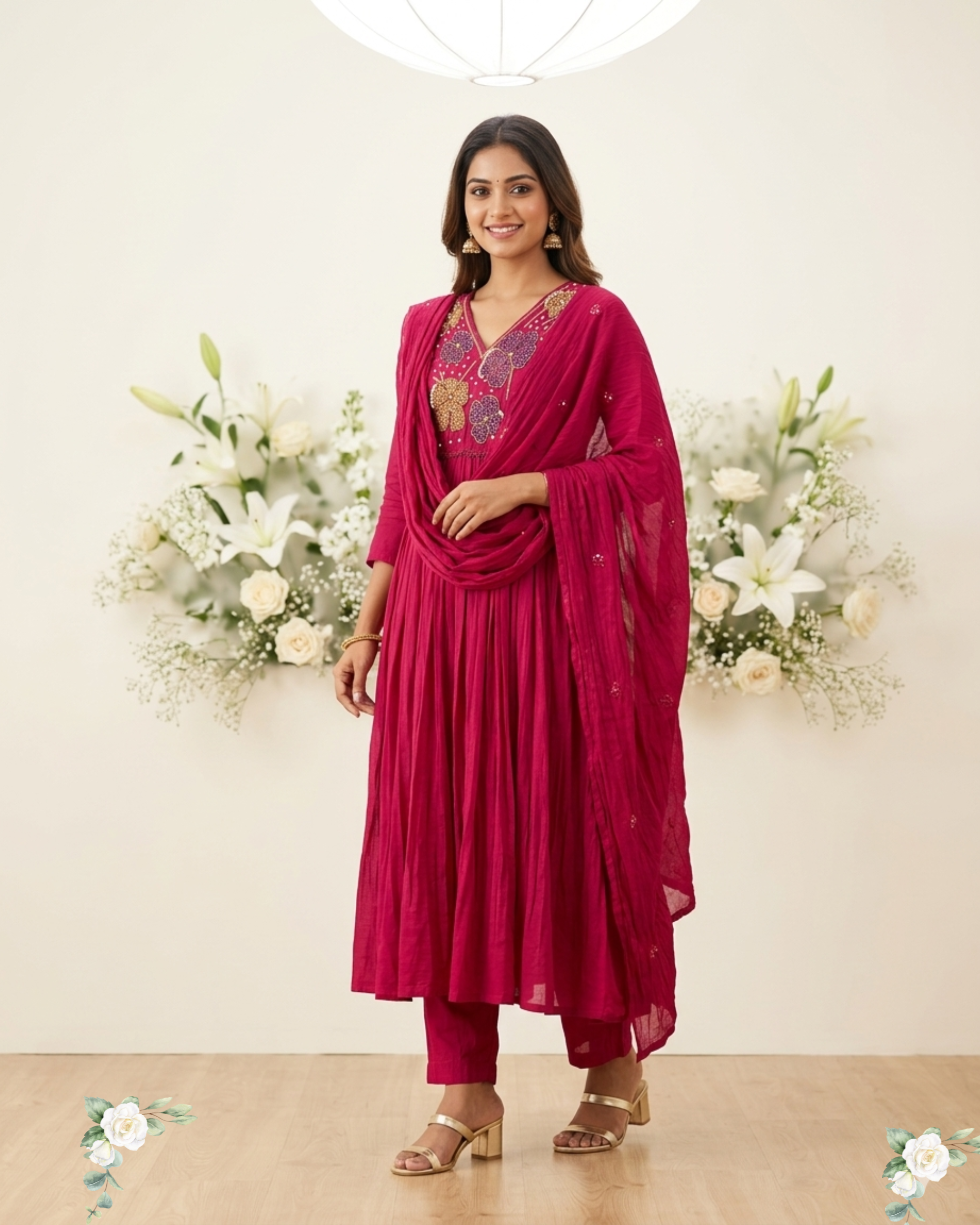Wine Red Hand Work Mul Chanderi Cotton Anarkali
