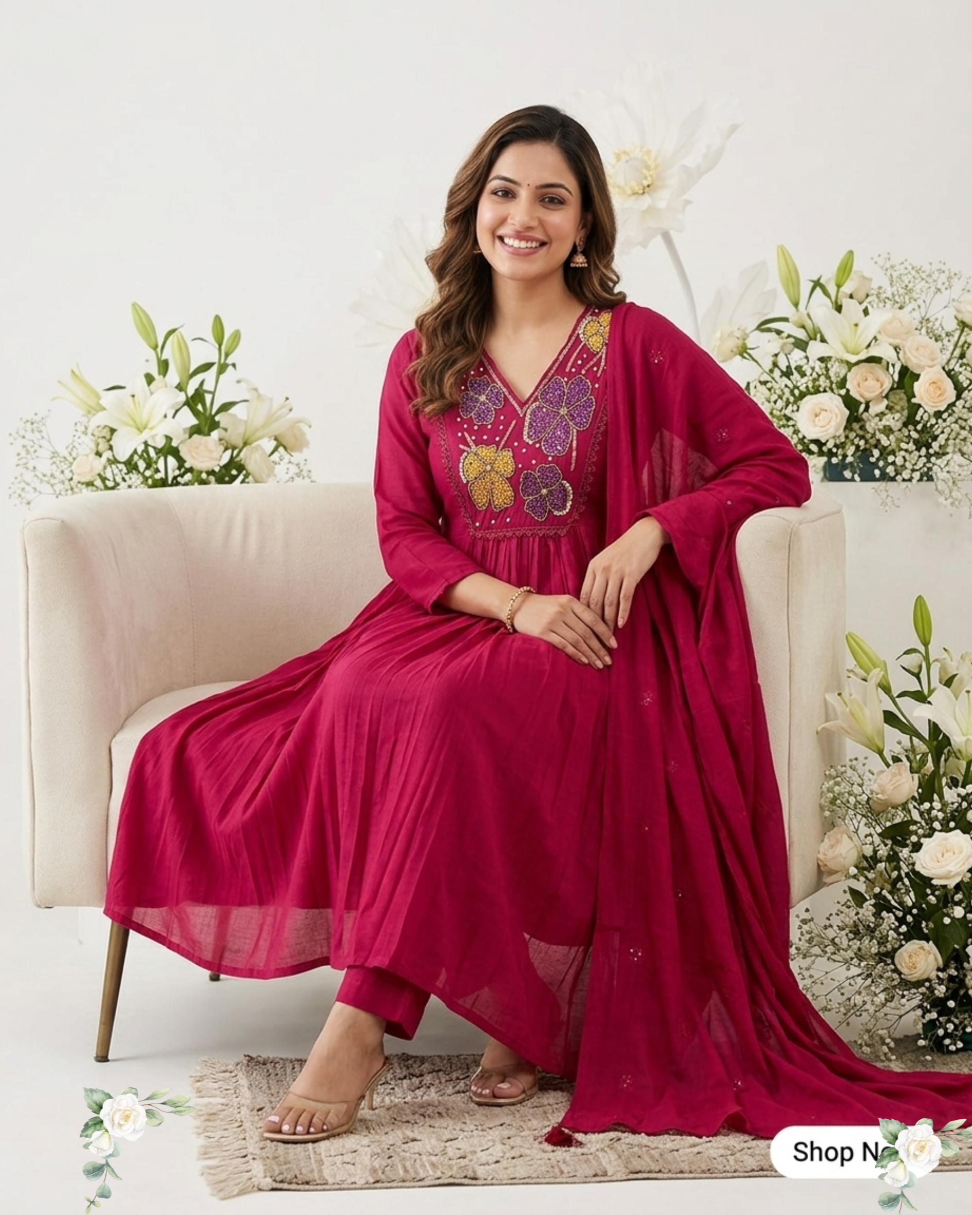 Wine Red Hand Work Mul Chanderi Cotton Anarkali