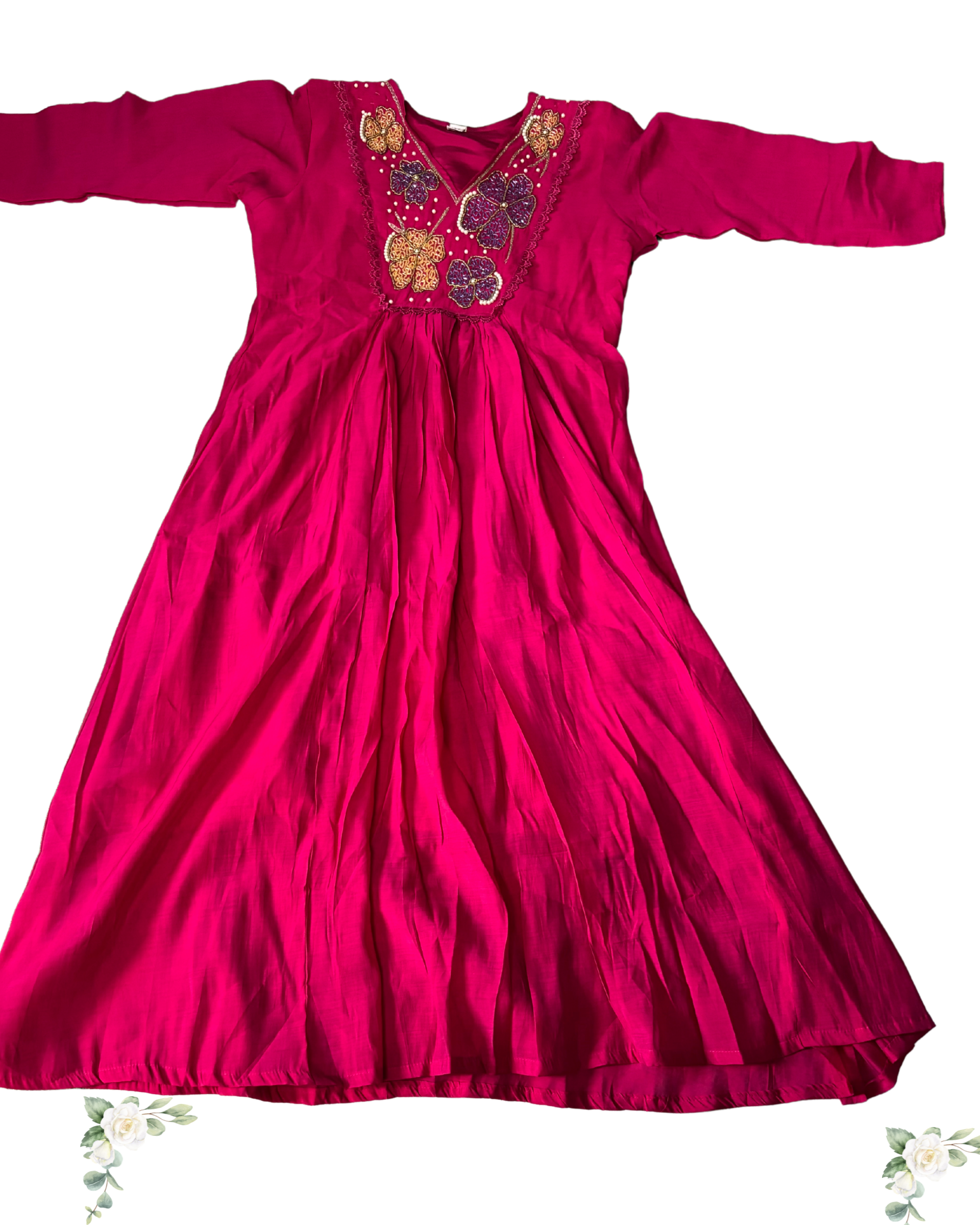 Wine Red Hand Work Mul Chanderi Cotton Anarkali