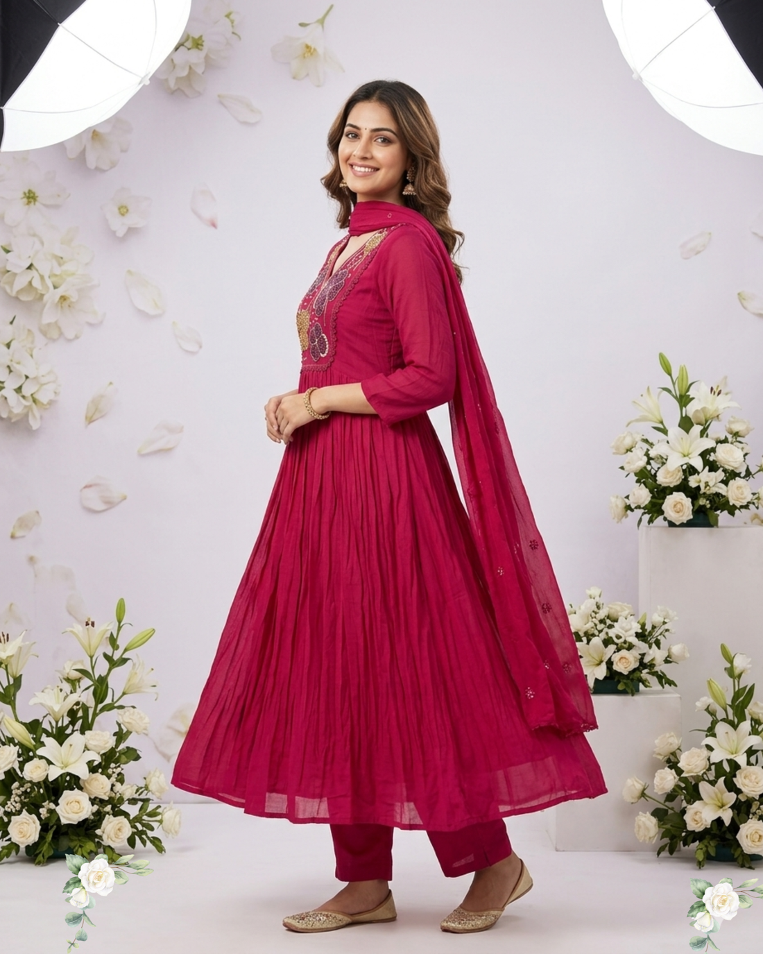 Wine Red Hand Work Mul Chanderi Cotton Anarkali