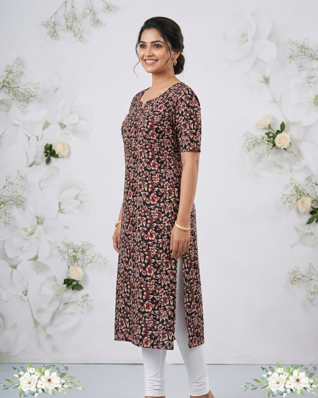 Black & White Floral Notch Neck Pure Cotton Kurti