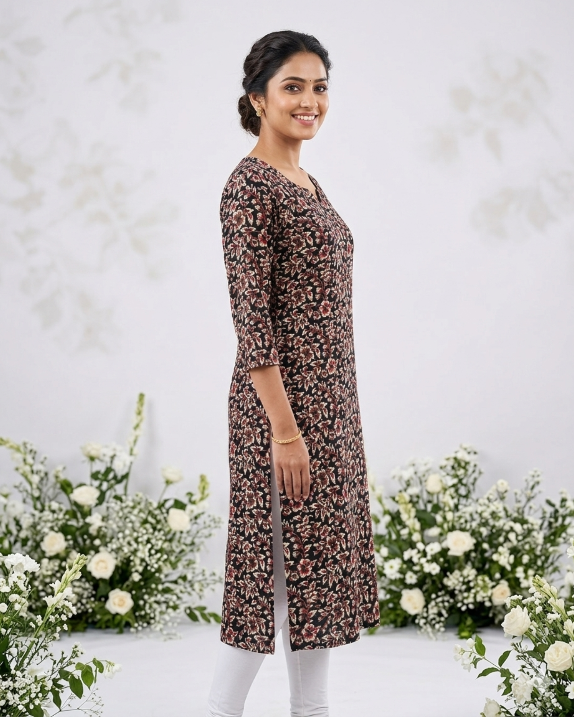Black & White Floral Notch Neck Pure Cotton Kurti