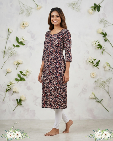 Black & White Floral Notch Neck Pure Cotton Kurti