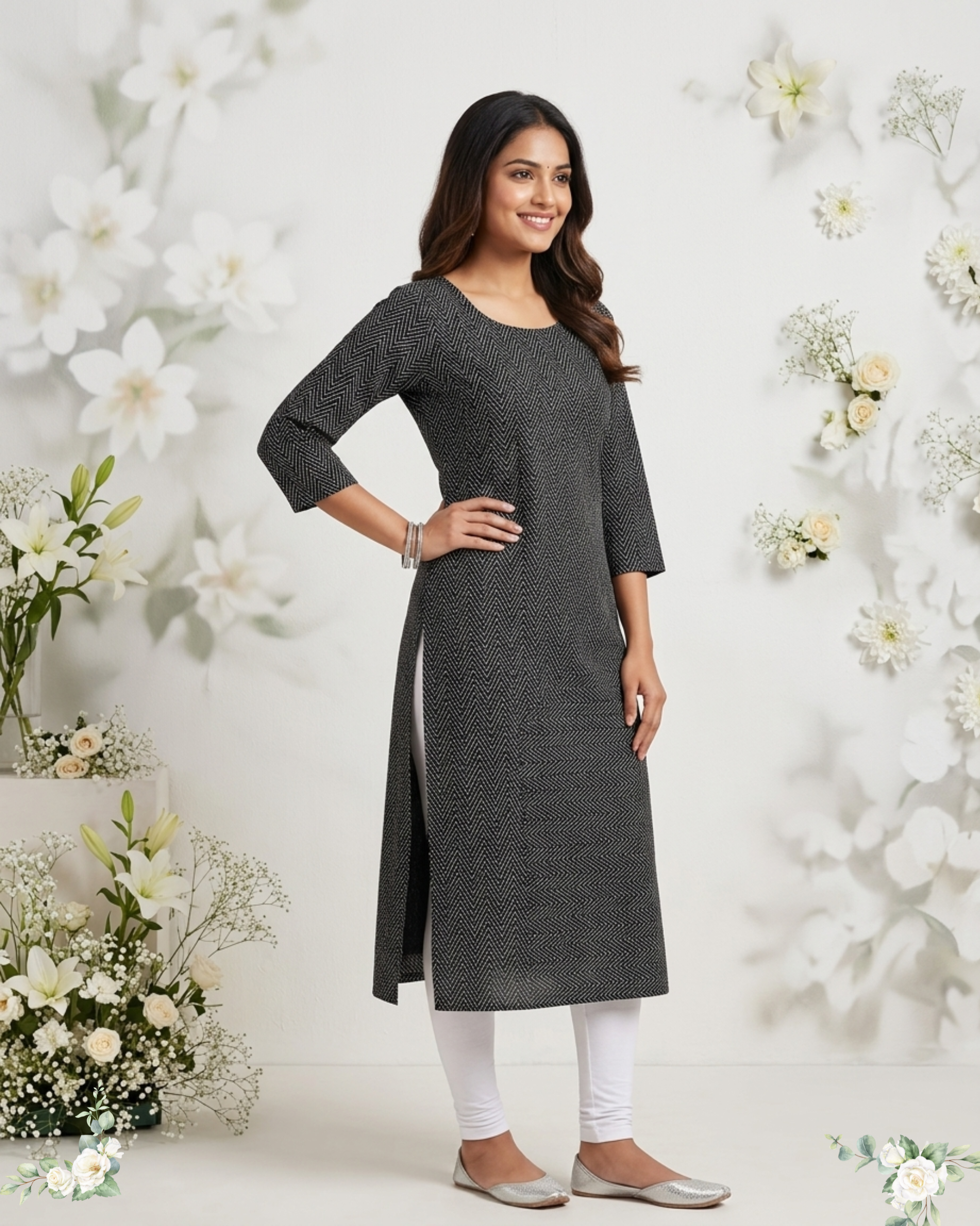 Black Geomatric Print A-line Cotton Kurti