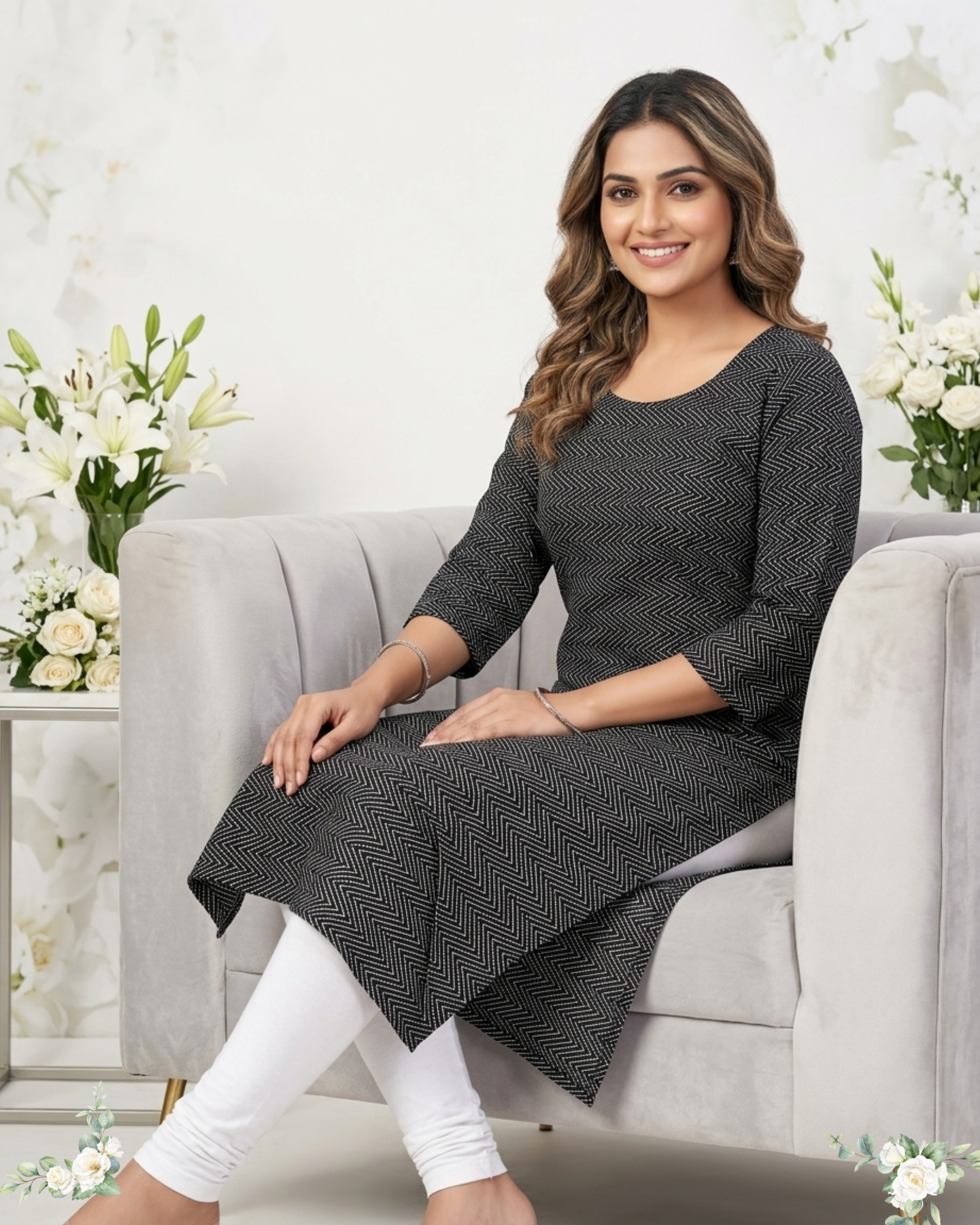 Black Geomatric Print A-line Cotton Kurti