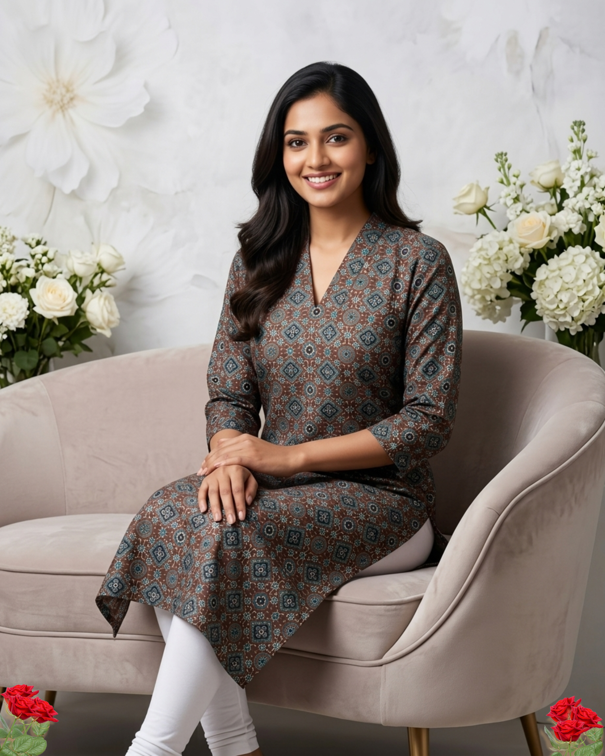 Floral Brown  Mosaic Printed  V-Neck Cotton Kurti
