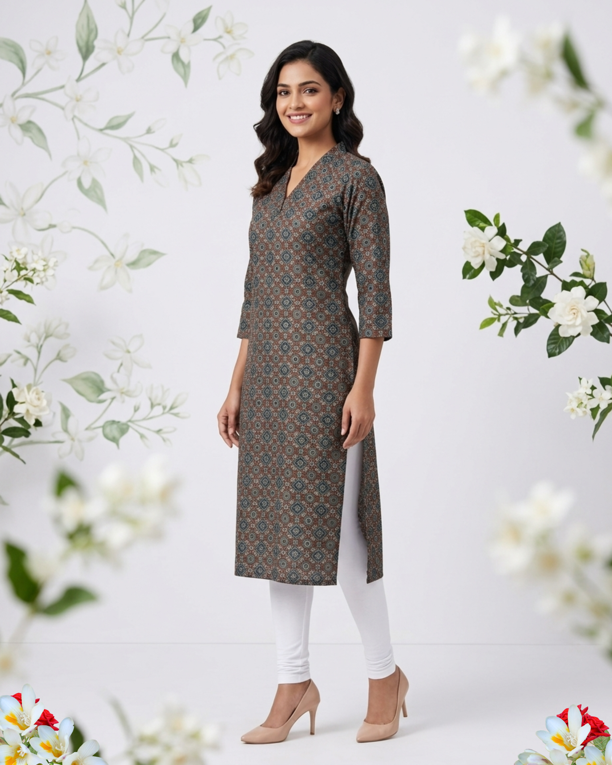 Floral Brown  Mosaic Printed  V-Neck Cotton Kurti