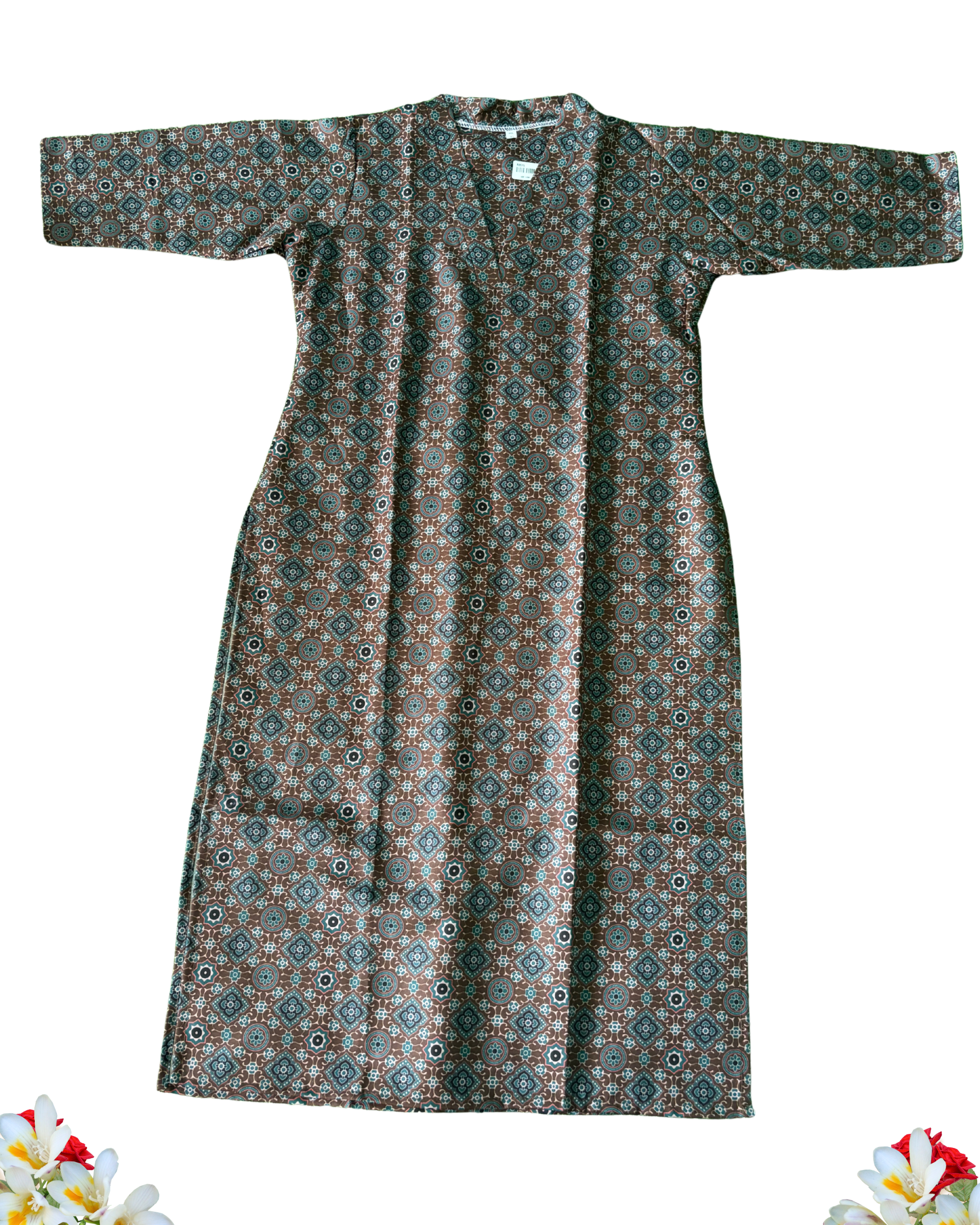 Floral Brown  Mosaic Printed  V-Neck Cotton Kurti