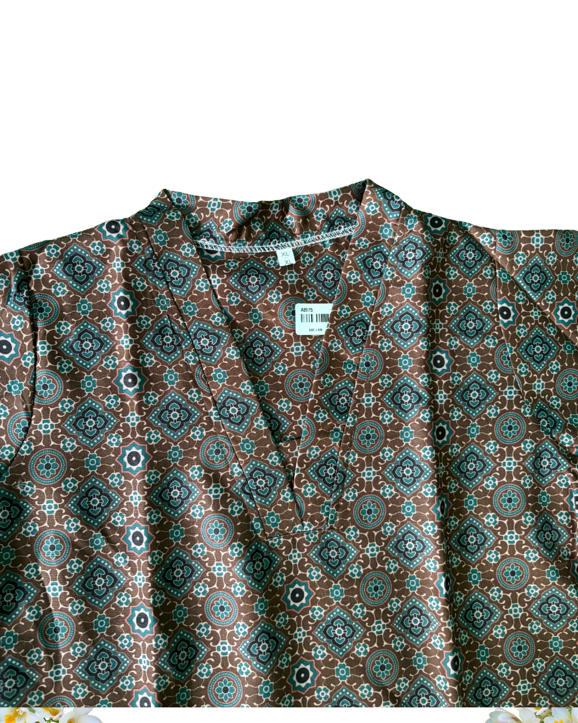 Floral Brown  Mosaic Printed  V-Neck Cotton Kurti