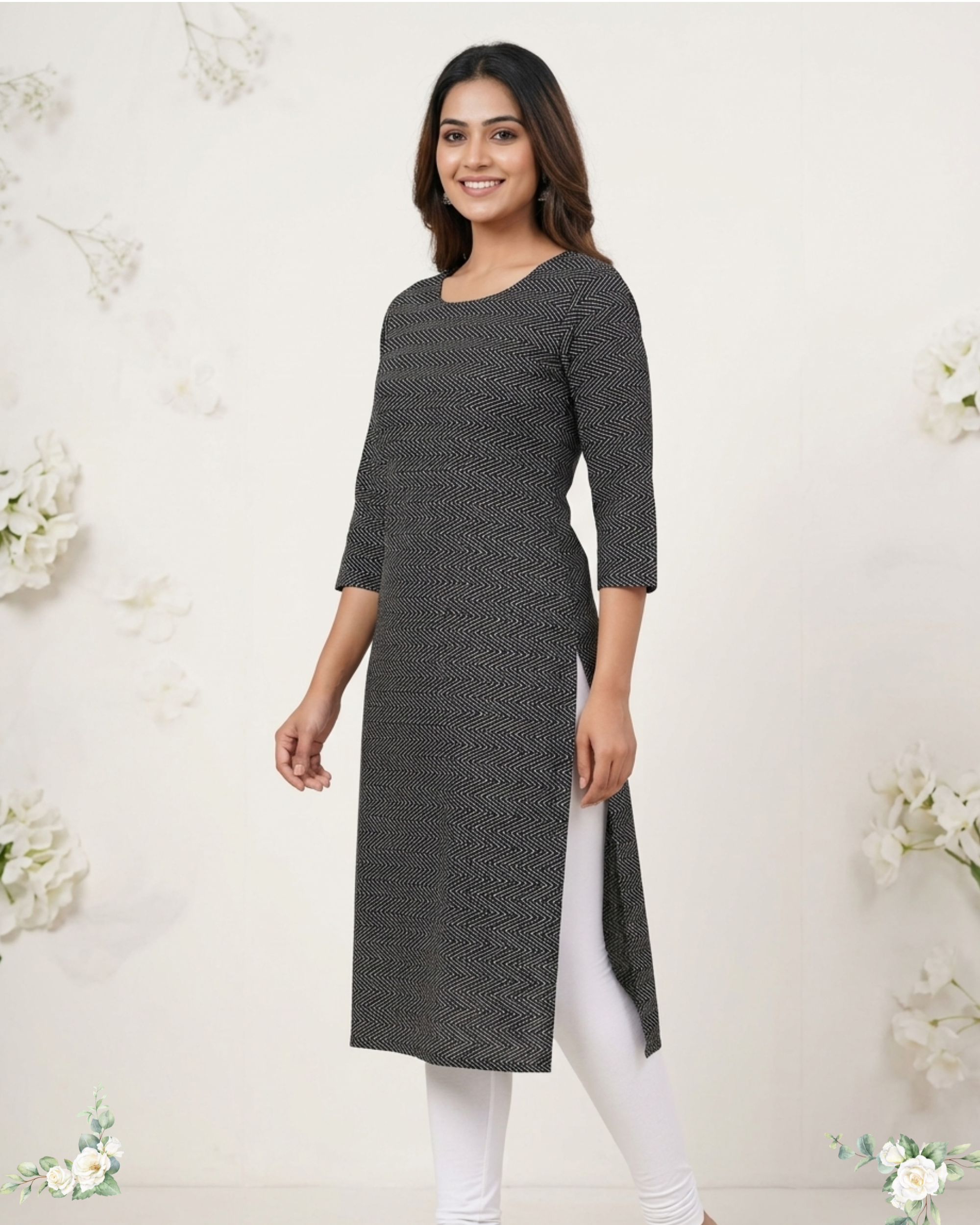 Black Geomatric Print A-line Cotton Kurti