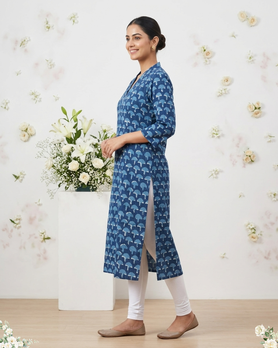 Blue Floral print V-Neck Cotton Kurti