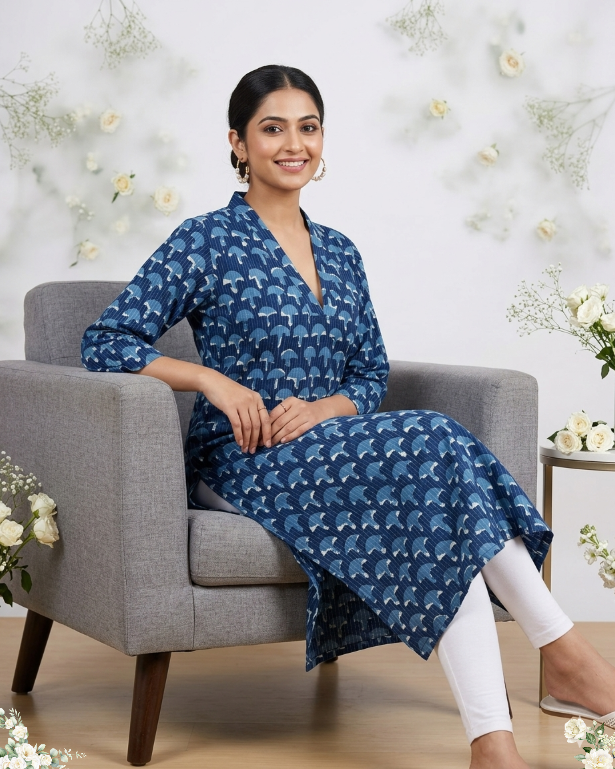 Blue Floral print V-Neck Cotton Kurti