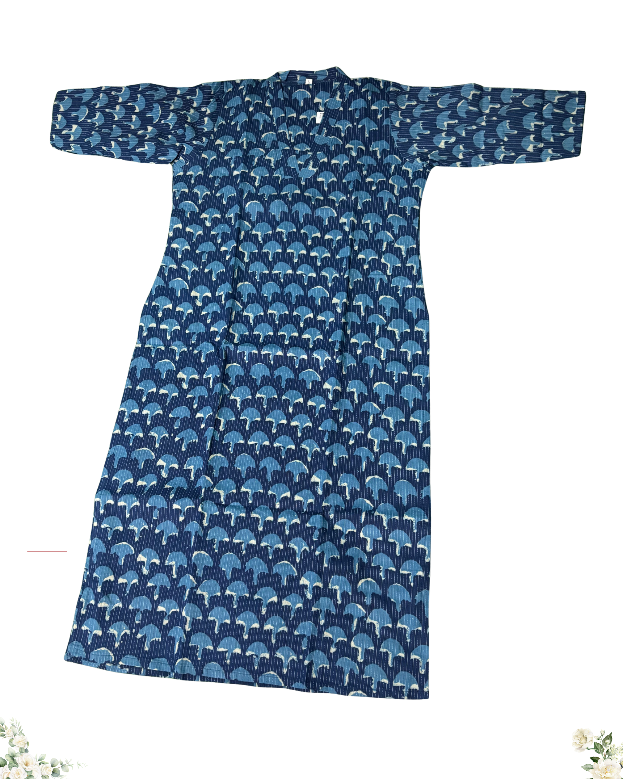 Blue Floral print V-Neck Cotton Kurti