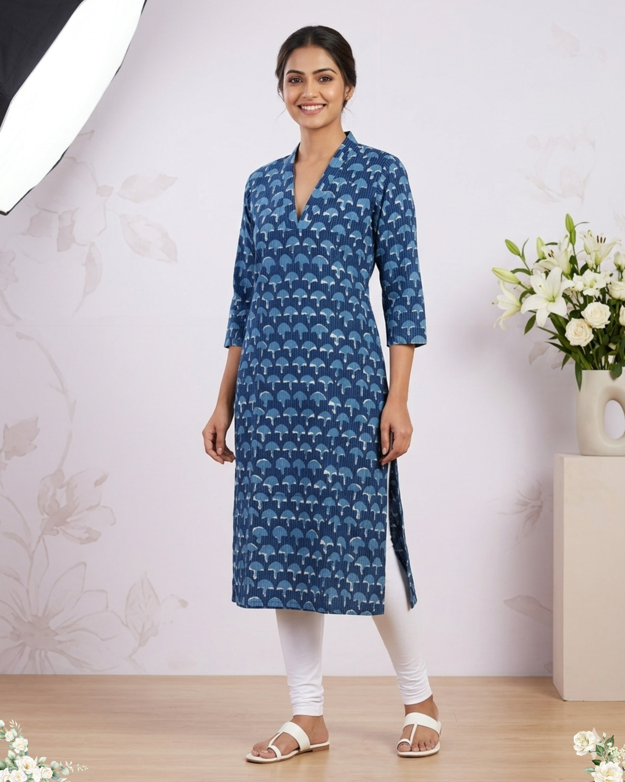 Blue Floral print V-Neck Cotton Kurti