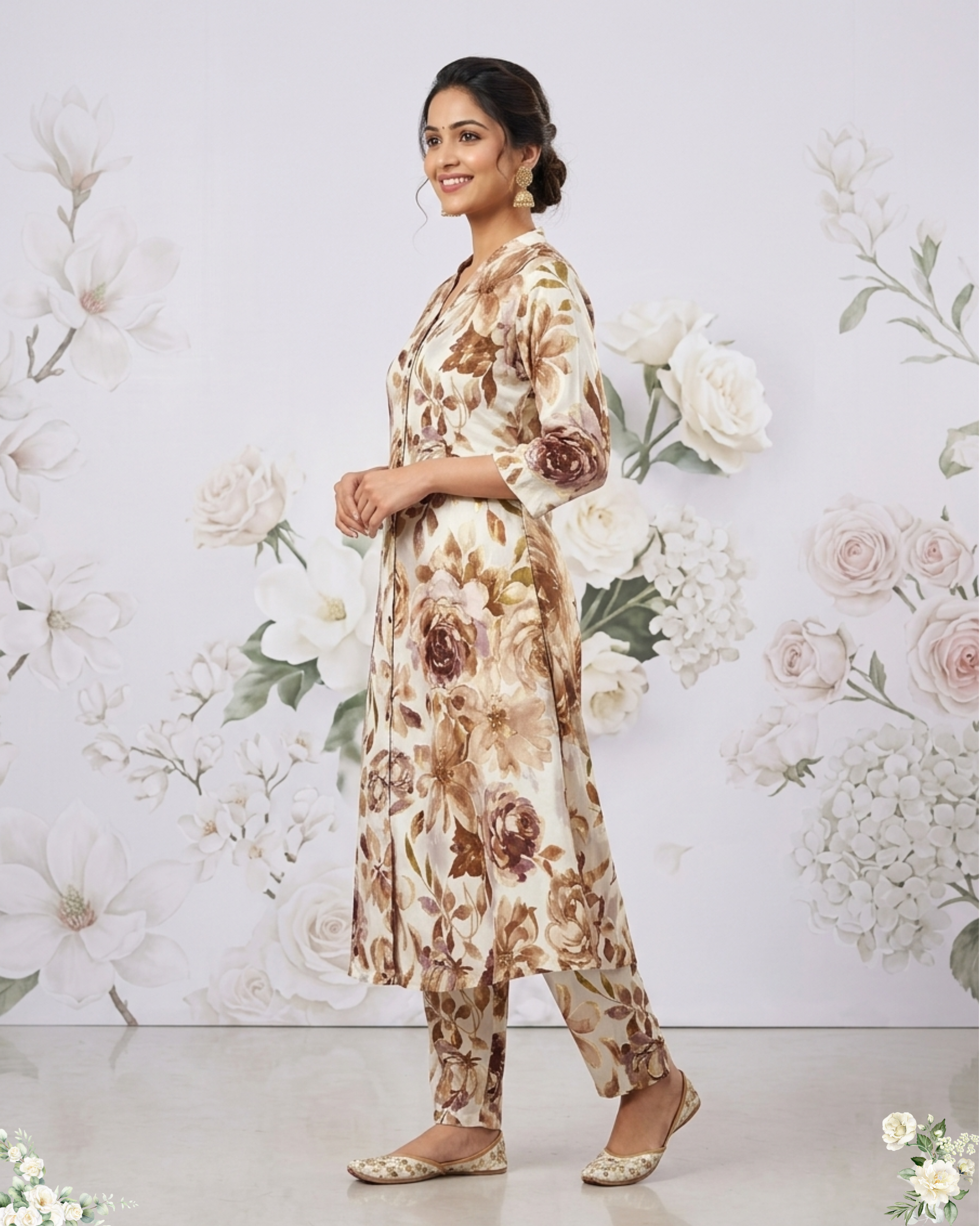 Sandal & Brown Floral Print V-Neck Rayon Cotton Kurti Set