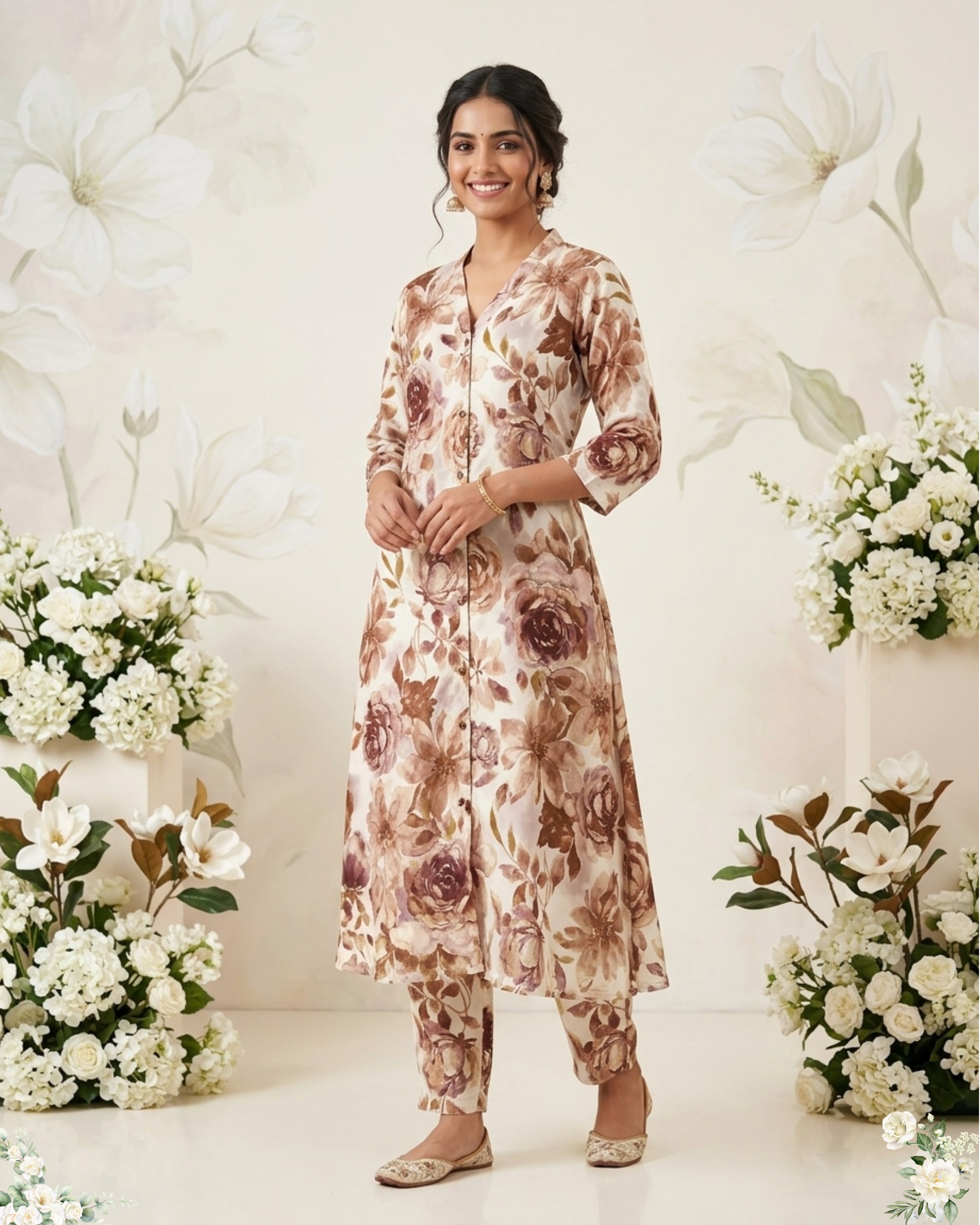 Sandal & Brown Floral Print V-Neck Rayon Cotton Kurti Set