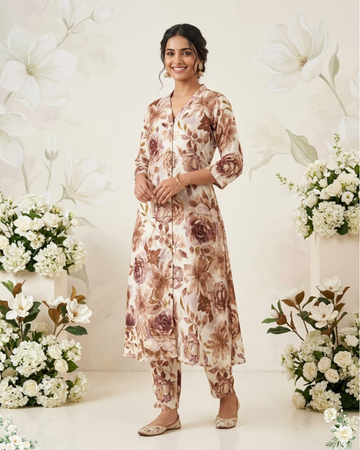 Sandal & Brown Floral Print V-Neck Rayon Cotton Kurti Set