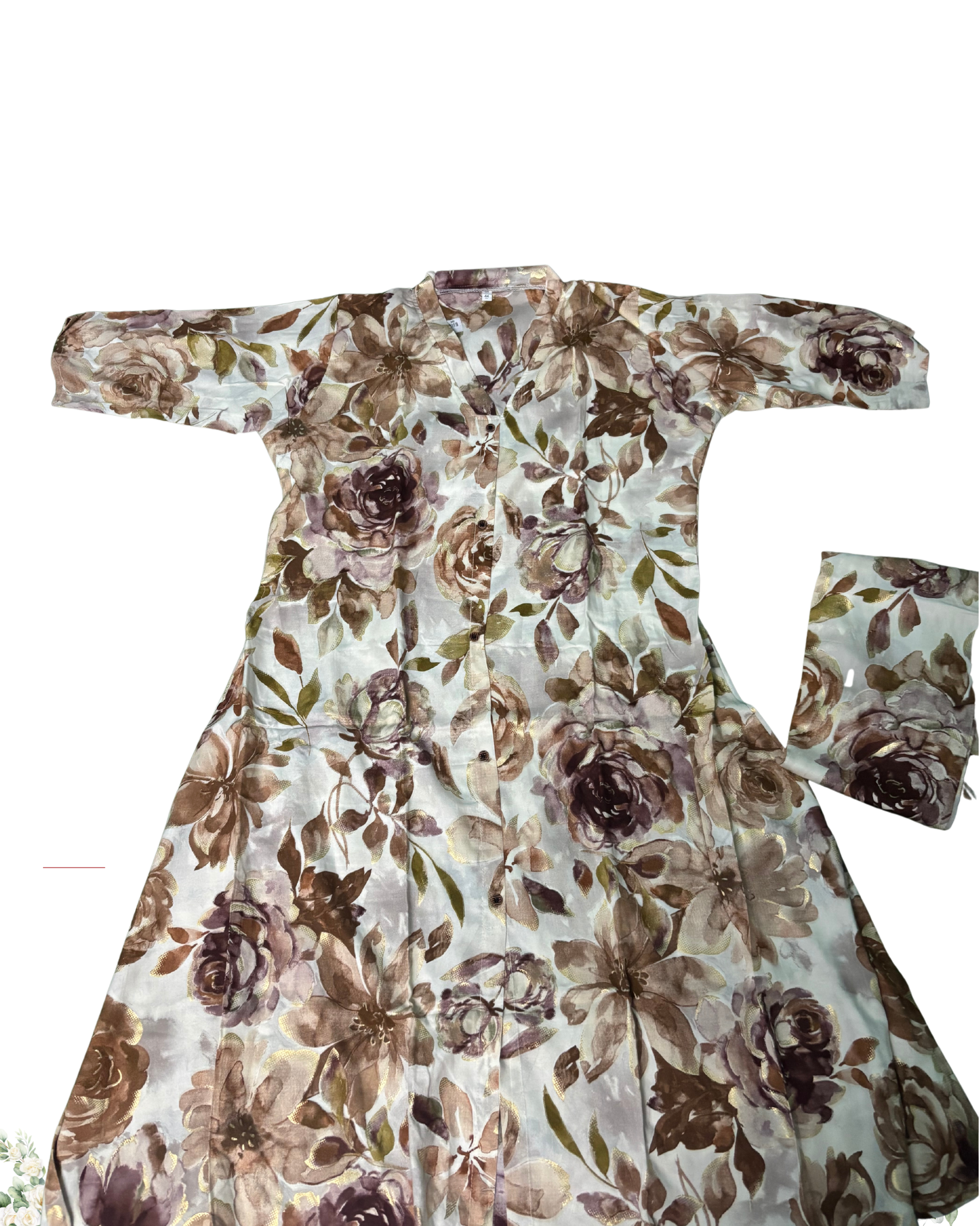 Sandal & Brown Floral Print V-Neck Rayon Cotton Kurti Set