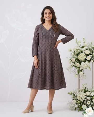 Navy BLUE Floral Printed Mirror Work Cotton Frocks
