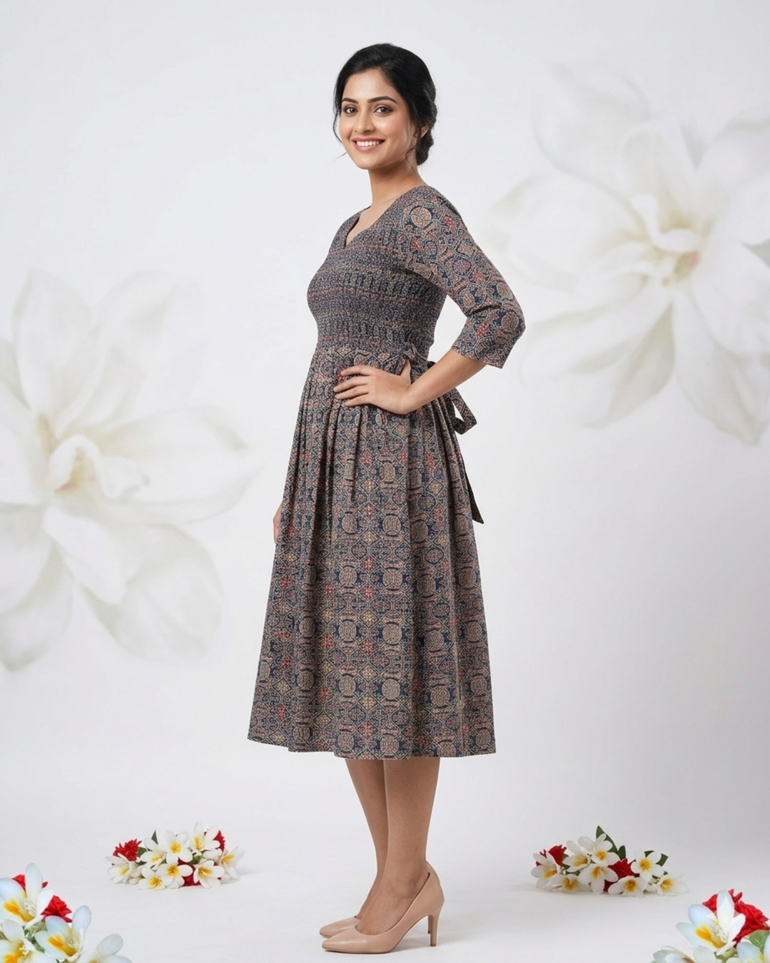 Brown & Black Traditional Ethnic Print V-Cut Neck Cotton Frock