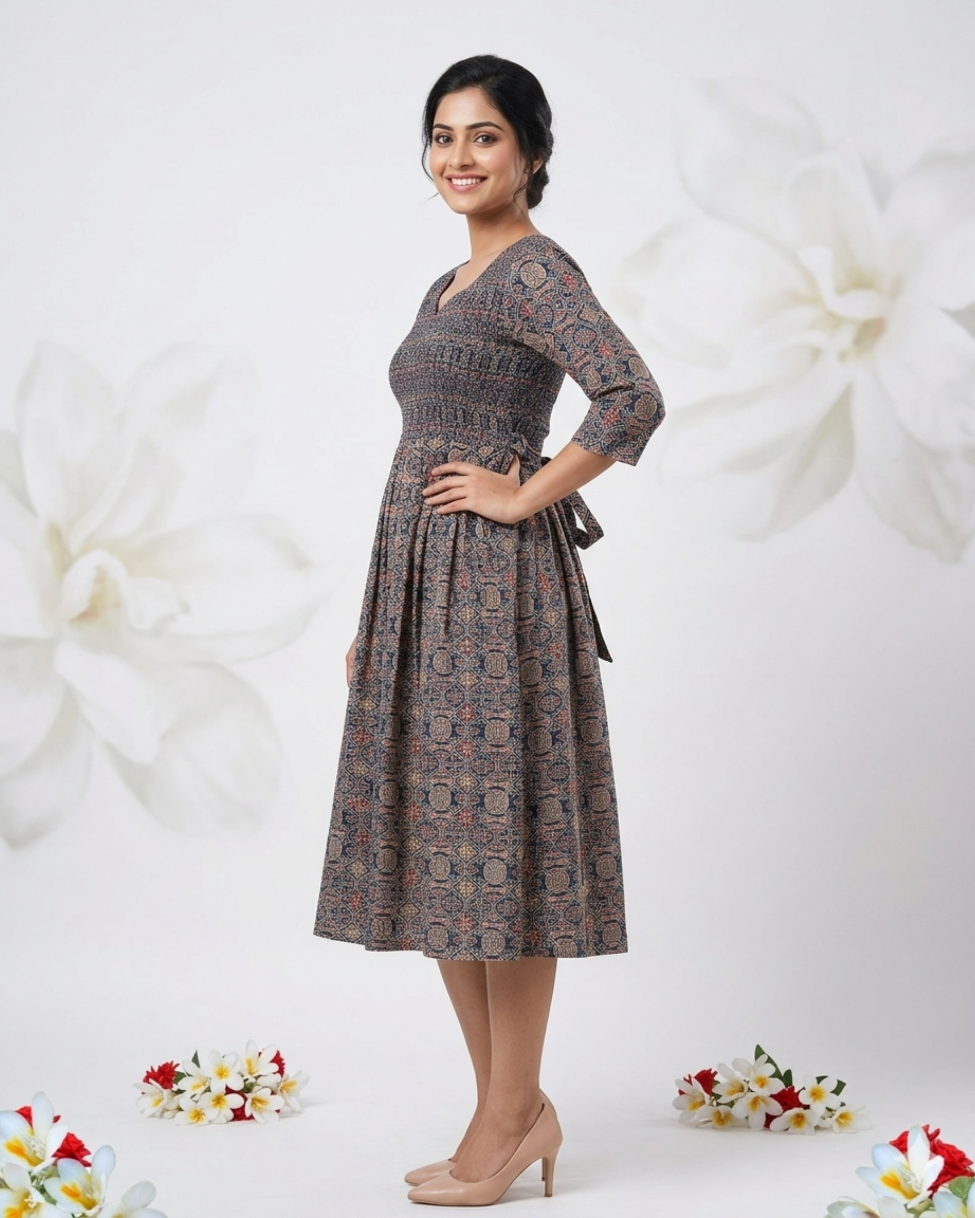 Brown & Black Traditional Ethnic Print V-Cut Neck Cotton Frock