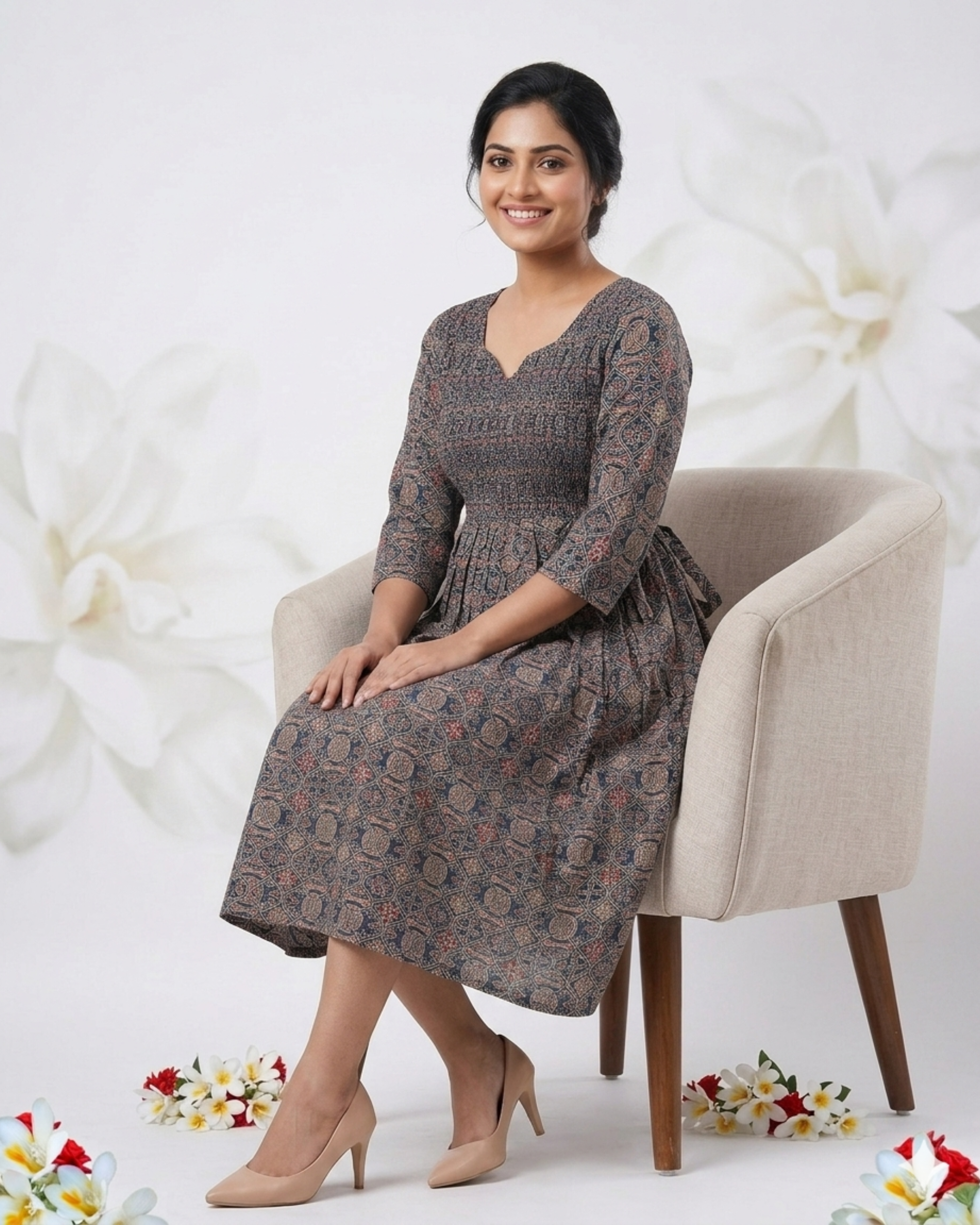 Brown & Black Traditional Ethnic Print V-Cut Neck Cotton Frock
