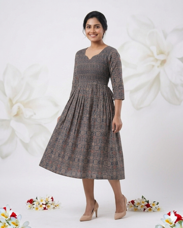 Brown & Black Traditional Ethnic Print V-Cut Neck Cotton Frock