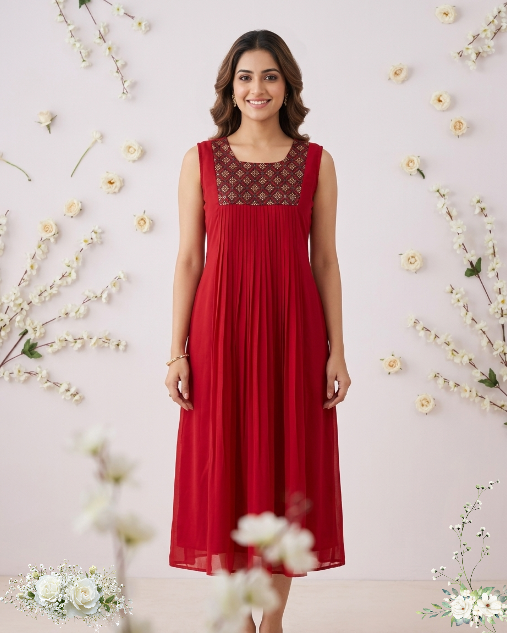 Red Embroidery Sleeveless Shiffon Maxi Dress