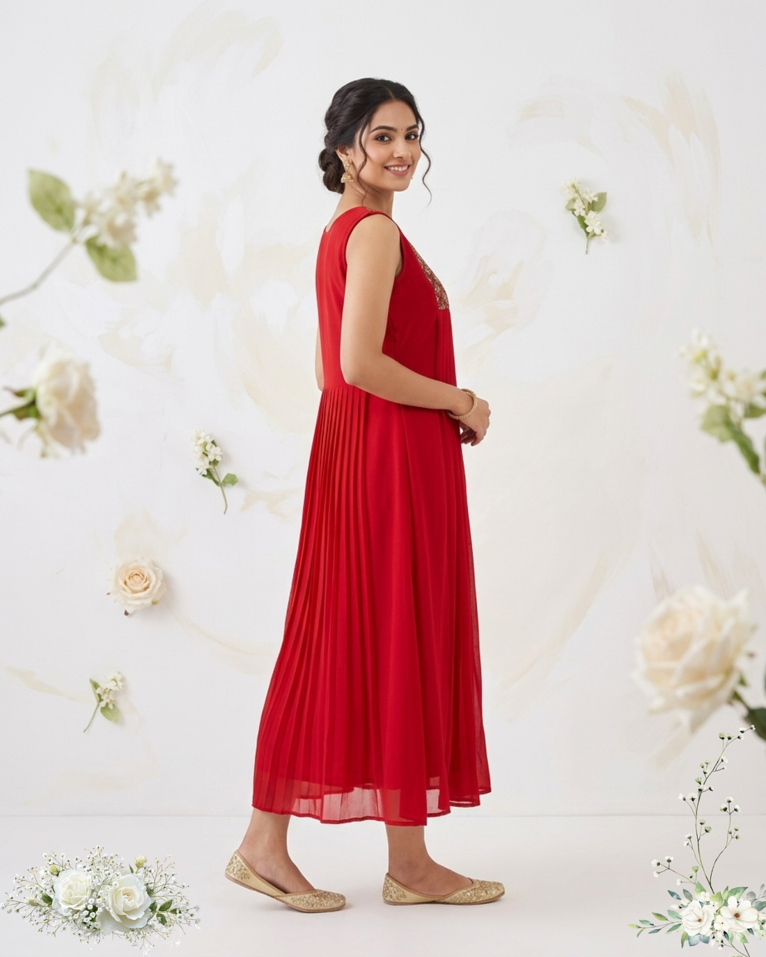 Red Embroidery Sleeveless Shiffon Maxi Dress