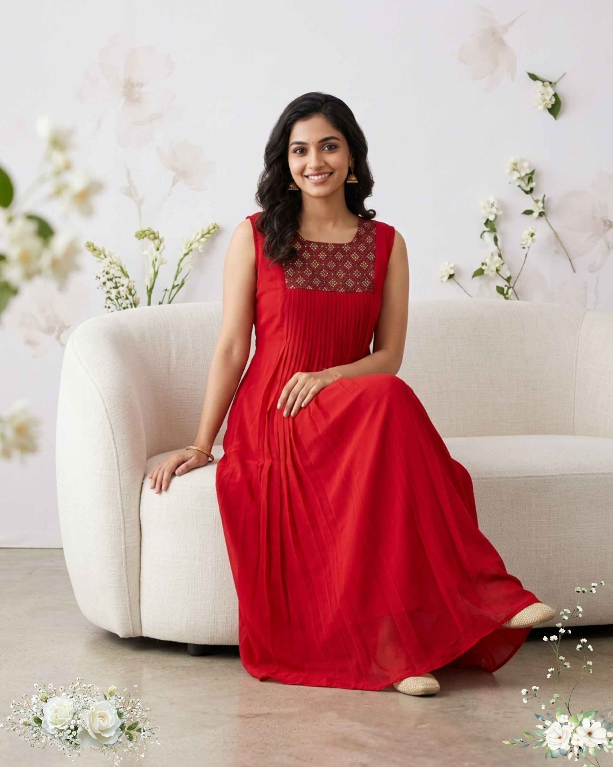 Red Embroidery Sleeveless Shiffon Maxi Dress