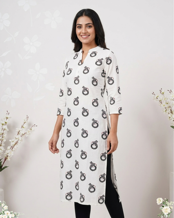 White Floral Print V-Neck Cotton Kurti
