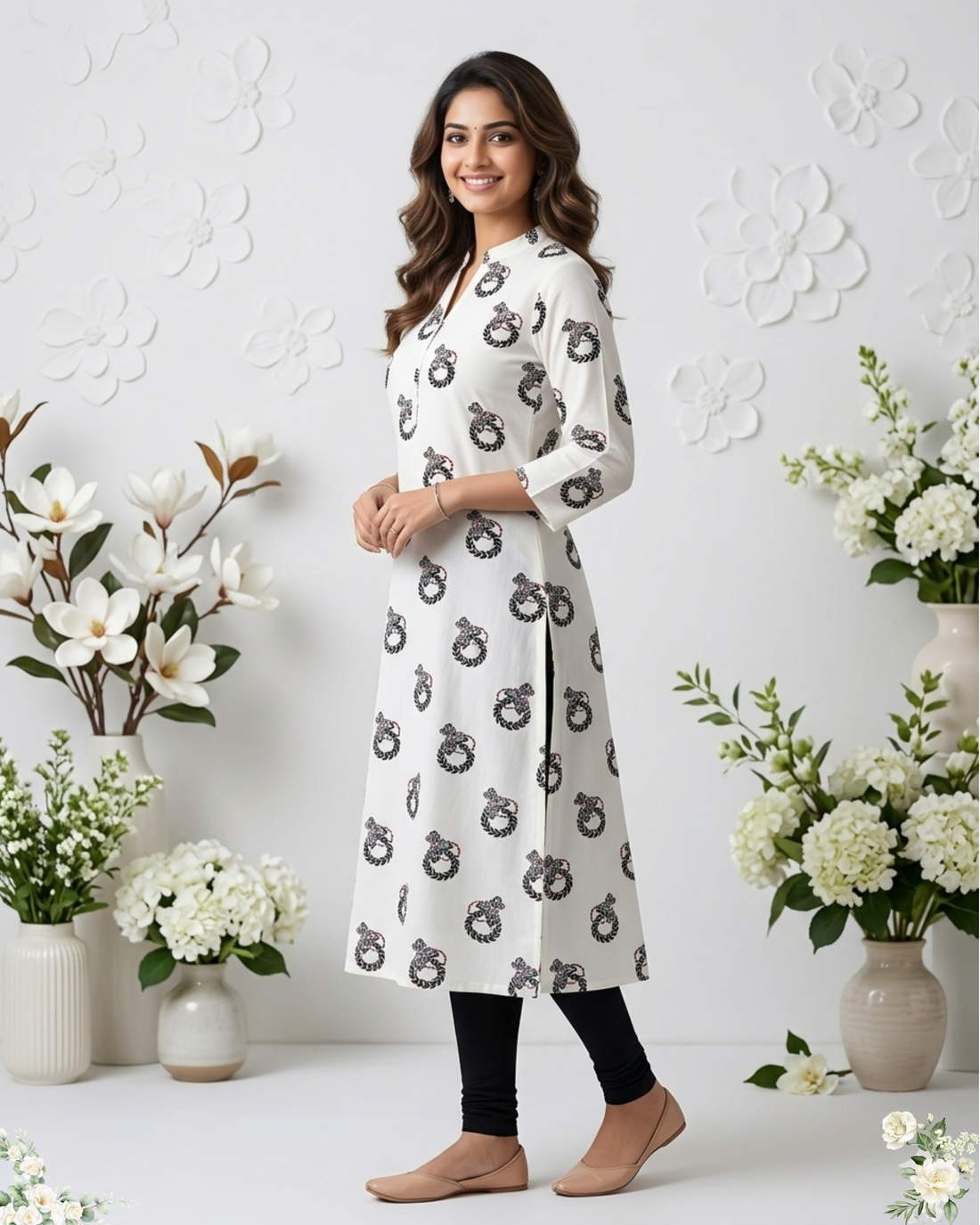 White Floral Print V-Neck Cotton Kurti