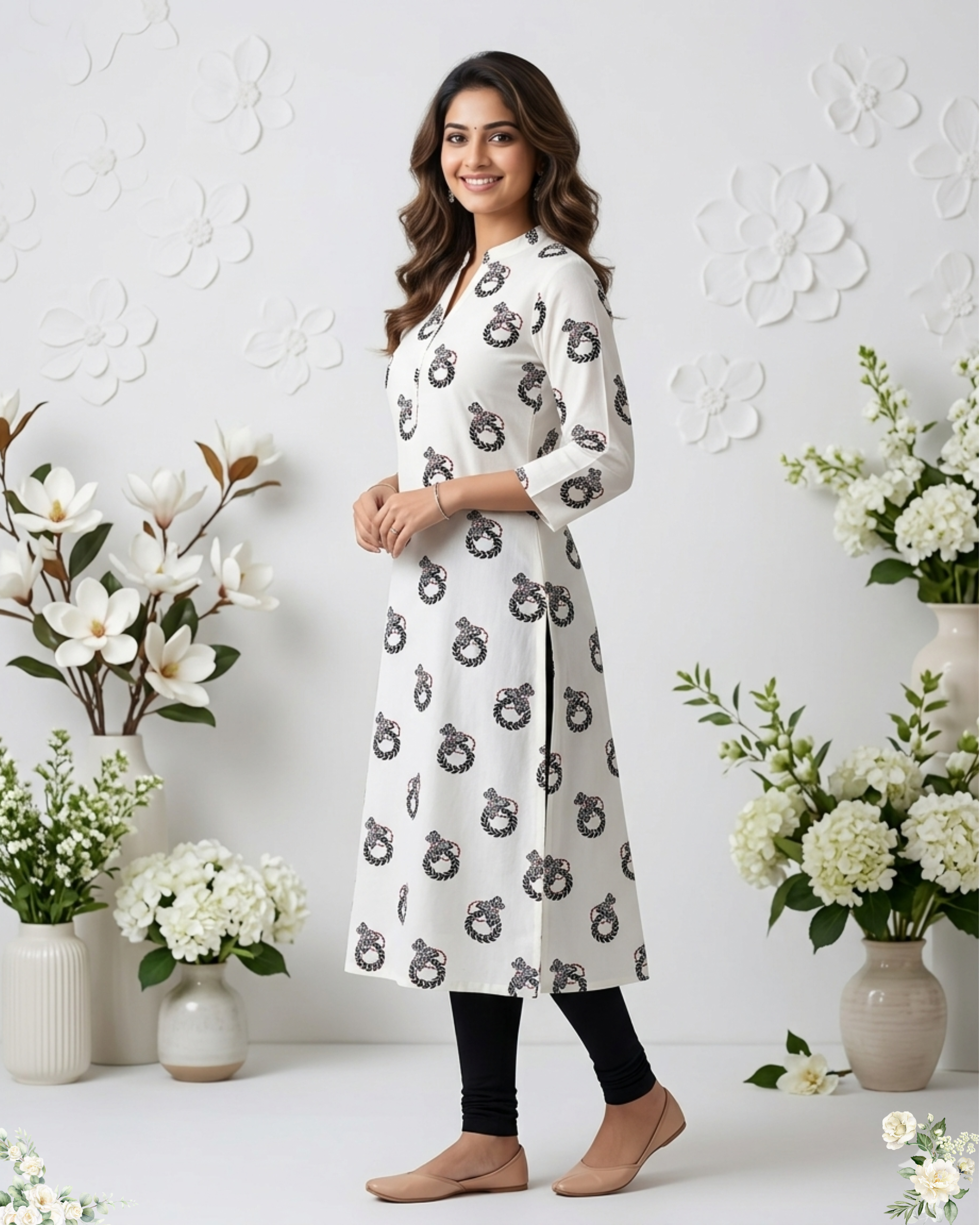 White Floral Print V-Neck Cotton Kurti