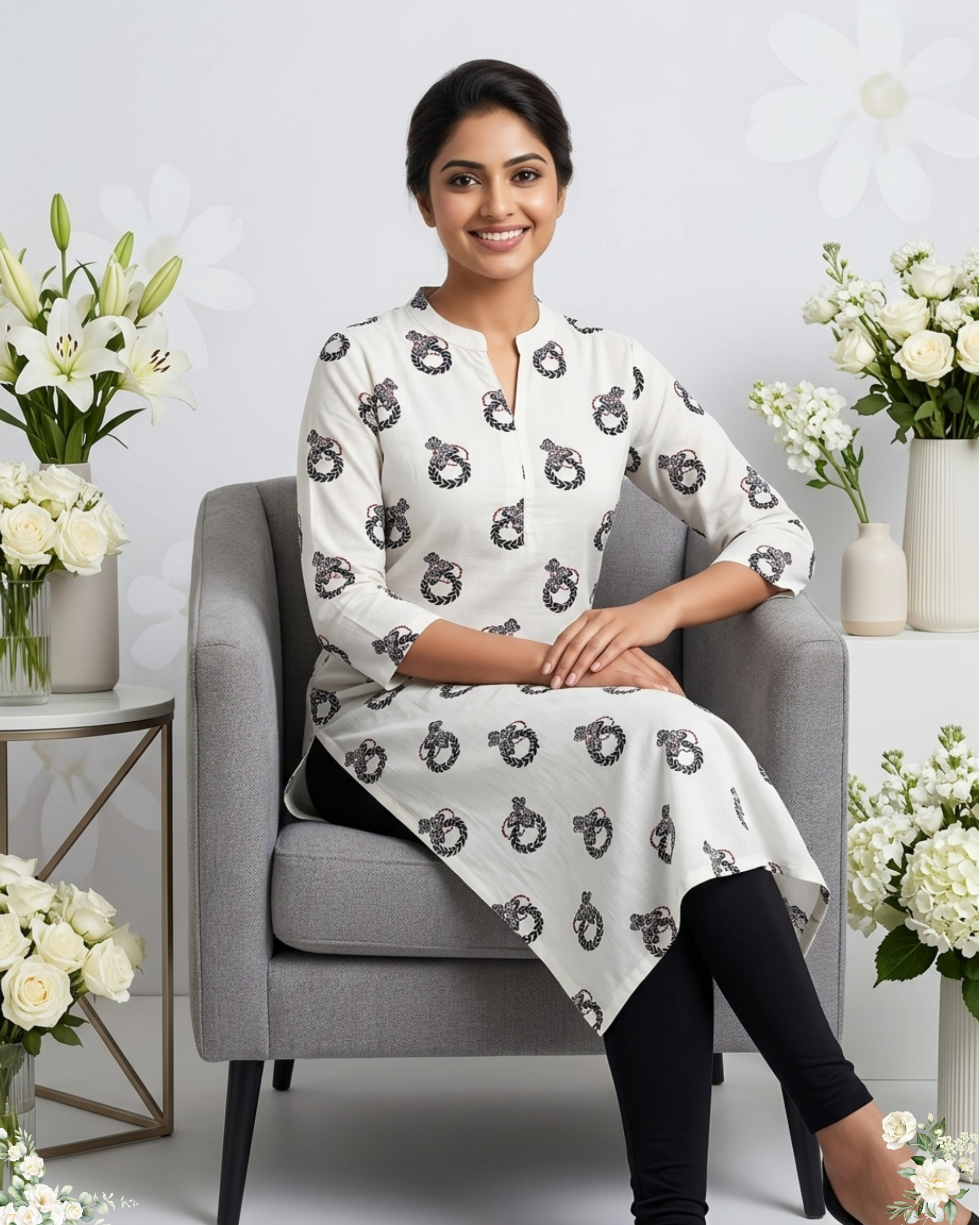 White Floral Print V-Neck Cotton Kurti