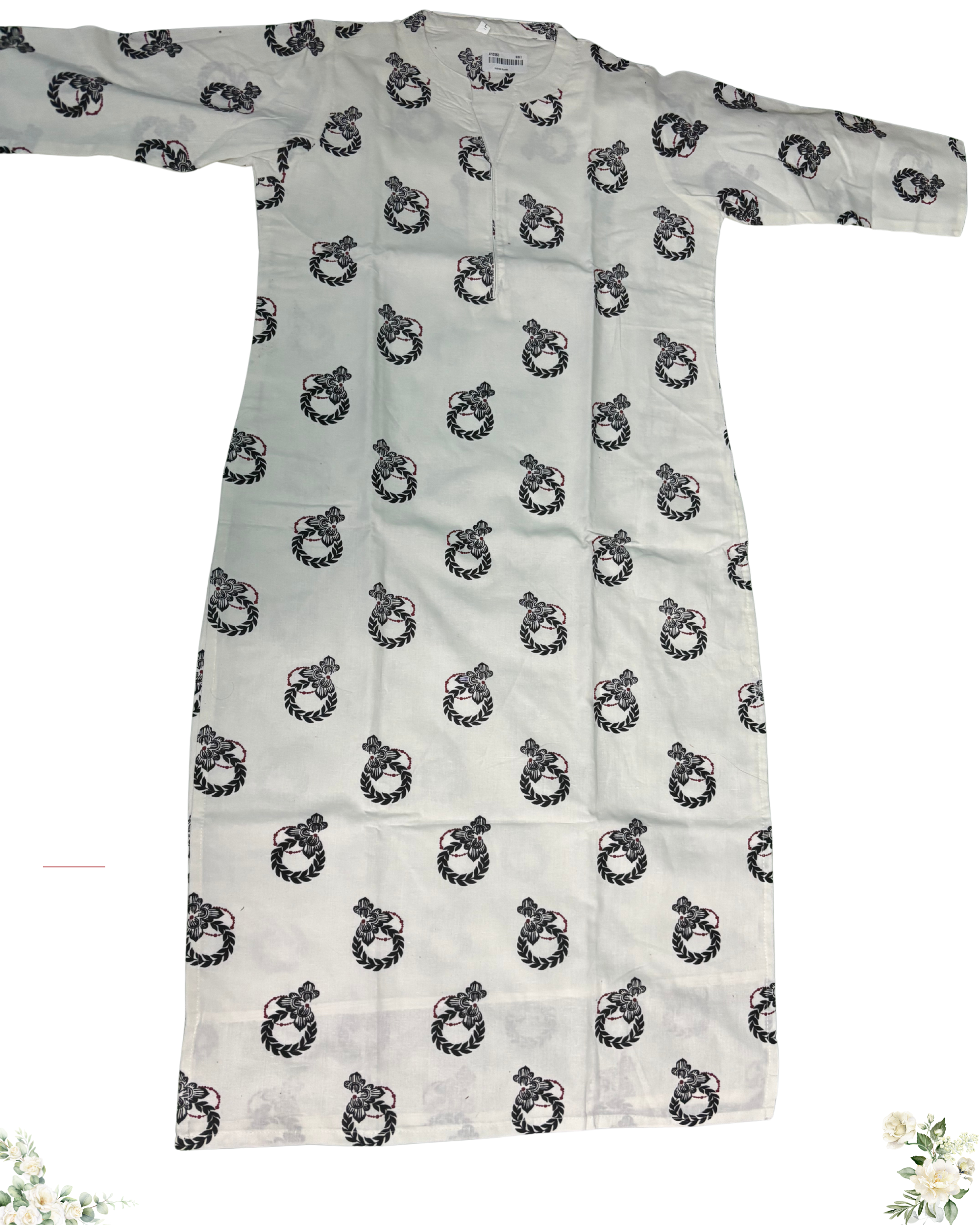 White Floral Print V-Neck Cotton Kurti