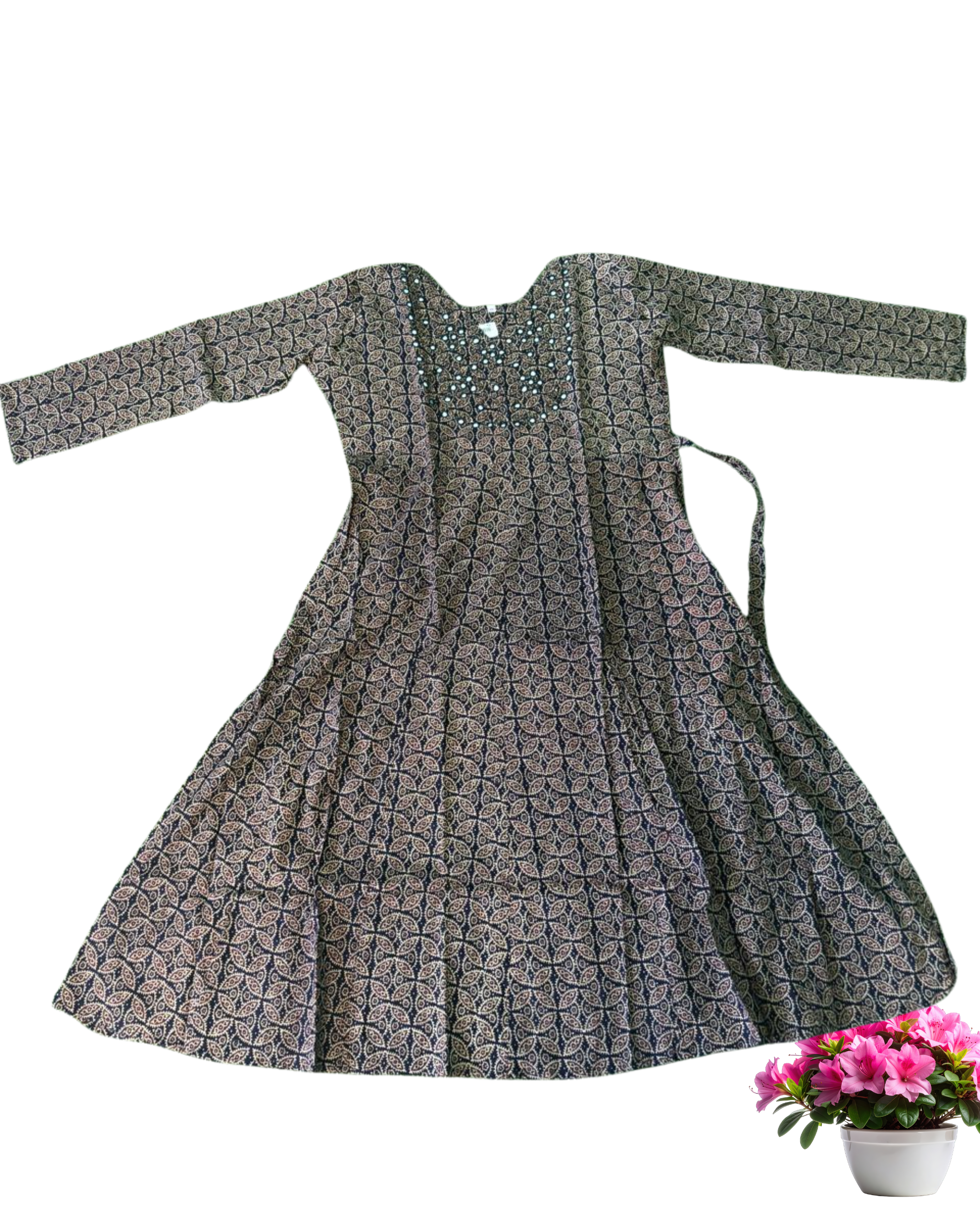 Navy BLUE Floral Printed Mirror Work Cotton Frocks