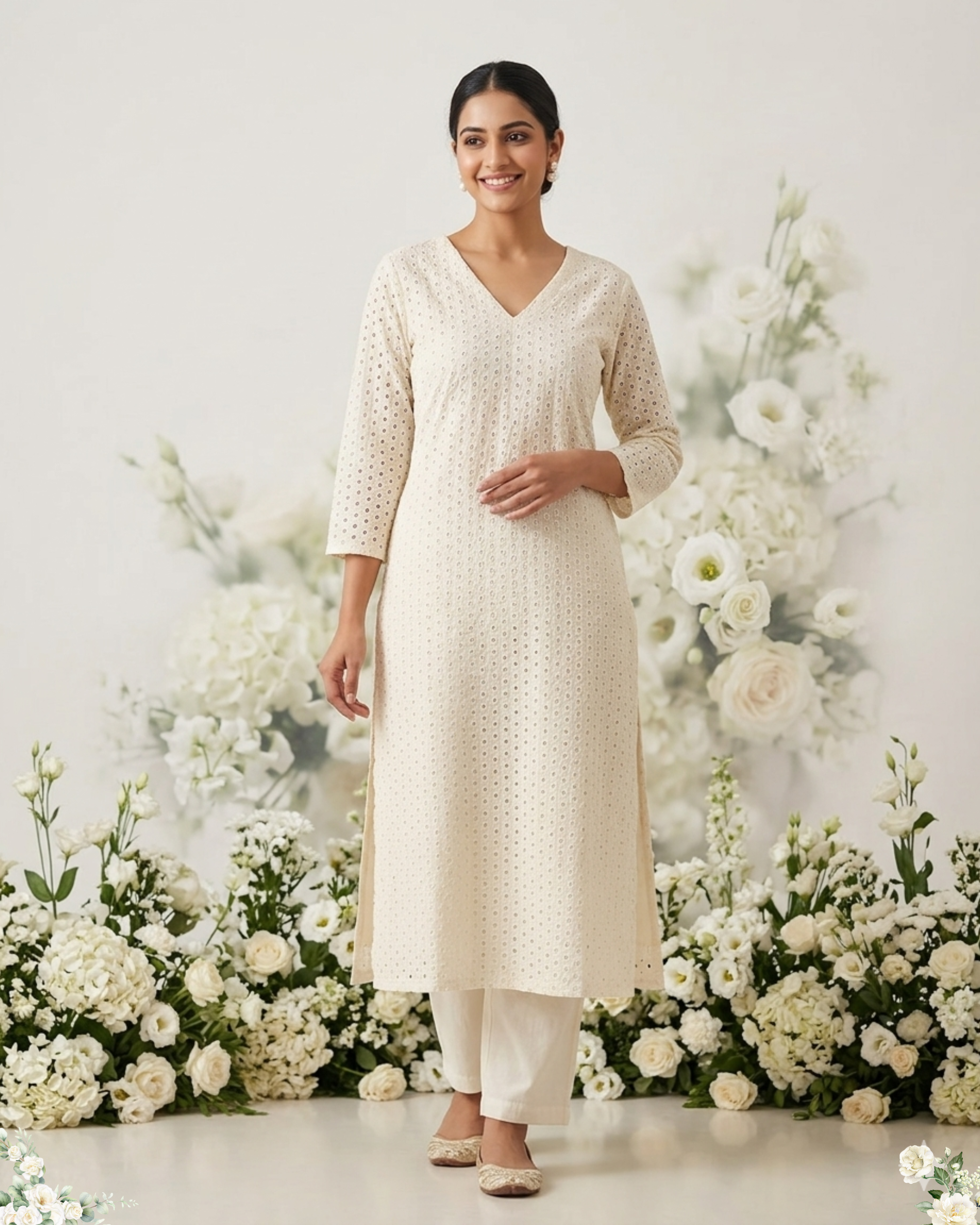 Sandal Hakoba V-Neck Cotton Kurti Set