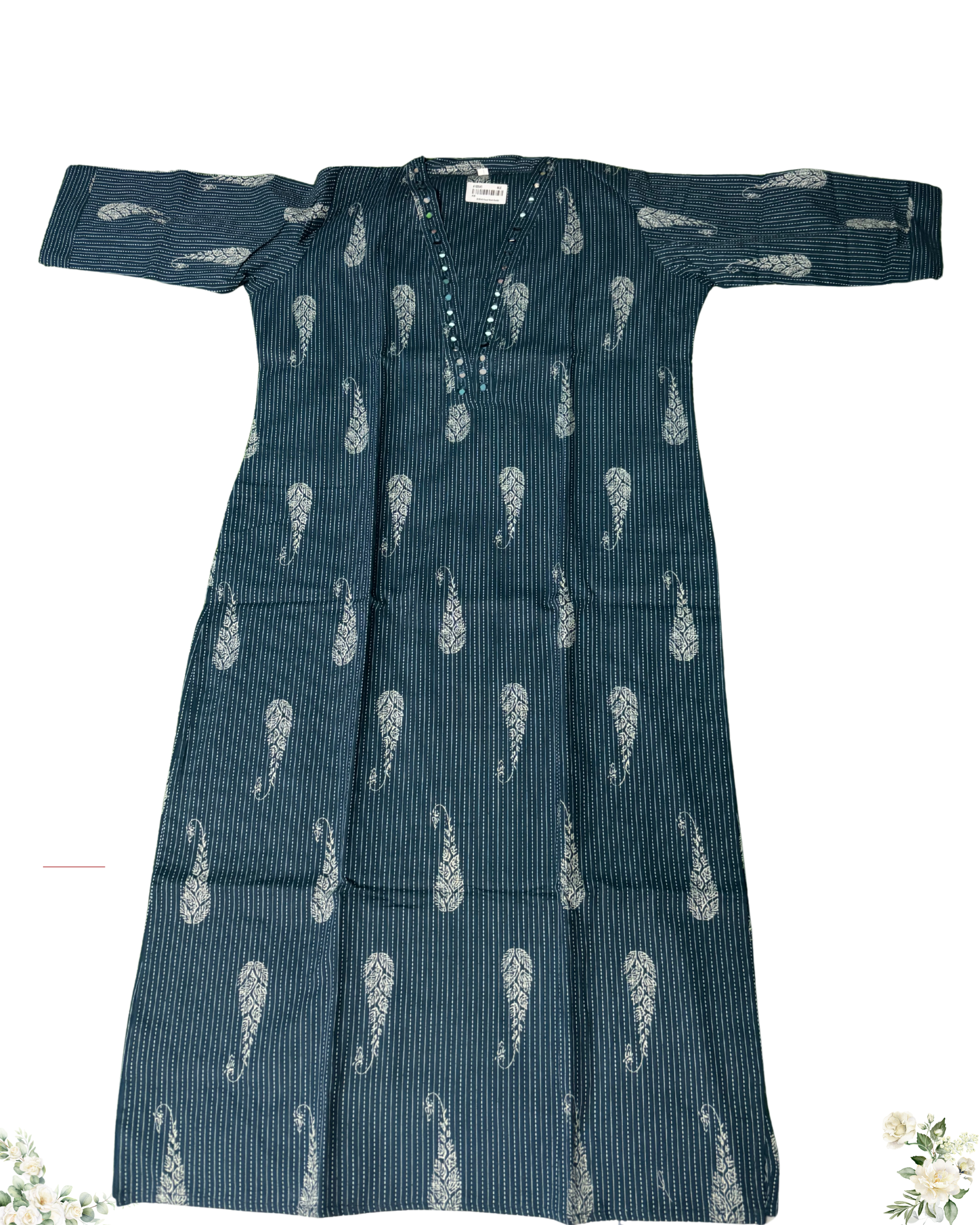 Floral Print Mirror Work v-Neck Blue Cotton Kurti