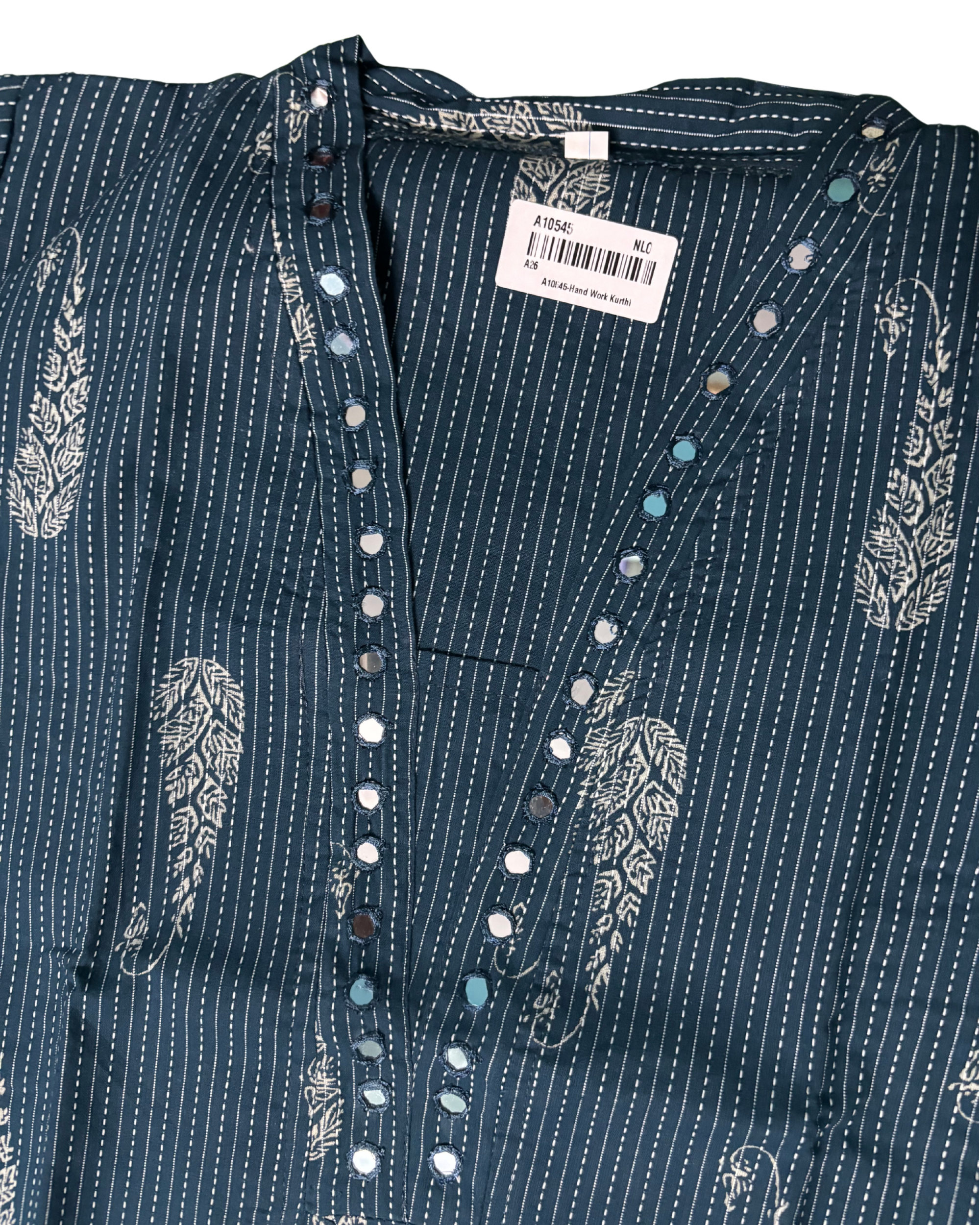 Floral Print Mirror Work v-Neck Blue Cotton Kurti