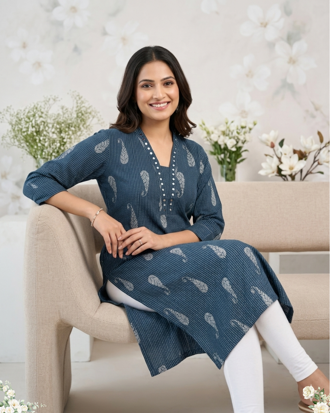 Floral Print Mirror Work v-Neck Blue Cotton Kurti