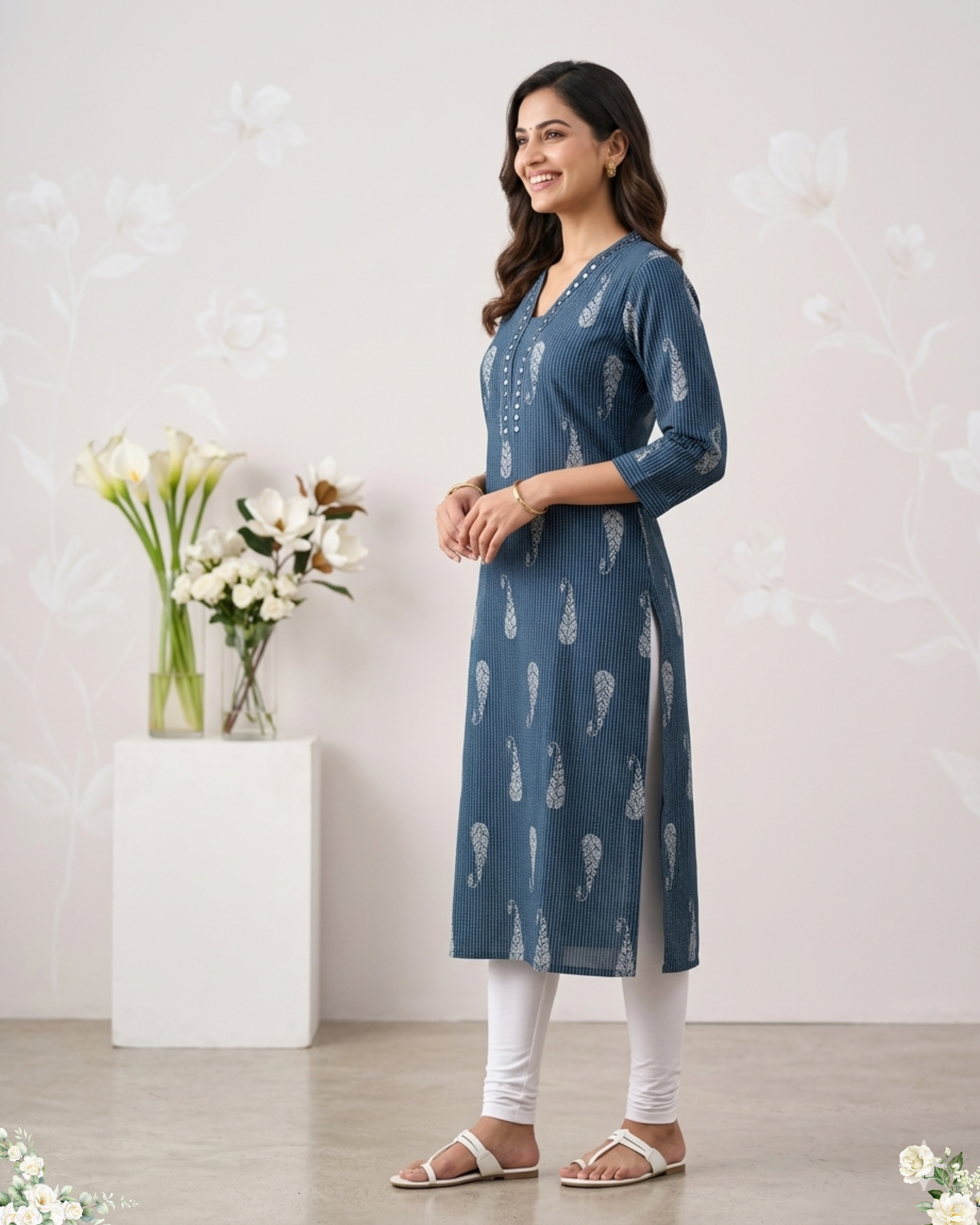 Floral Print Mirror Work v-Neck Blue Cotton Kurti