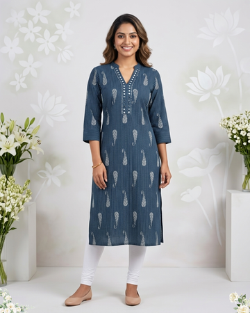 Floral Print Mirror Work v-Neck Blue Cotton Kurti