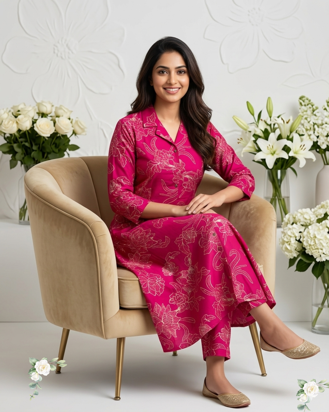 Magenta V-Neck Floral Print Rayon Cotton Kurti Set