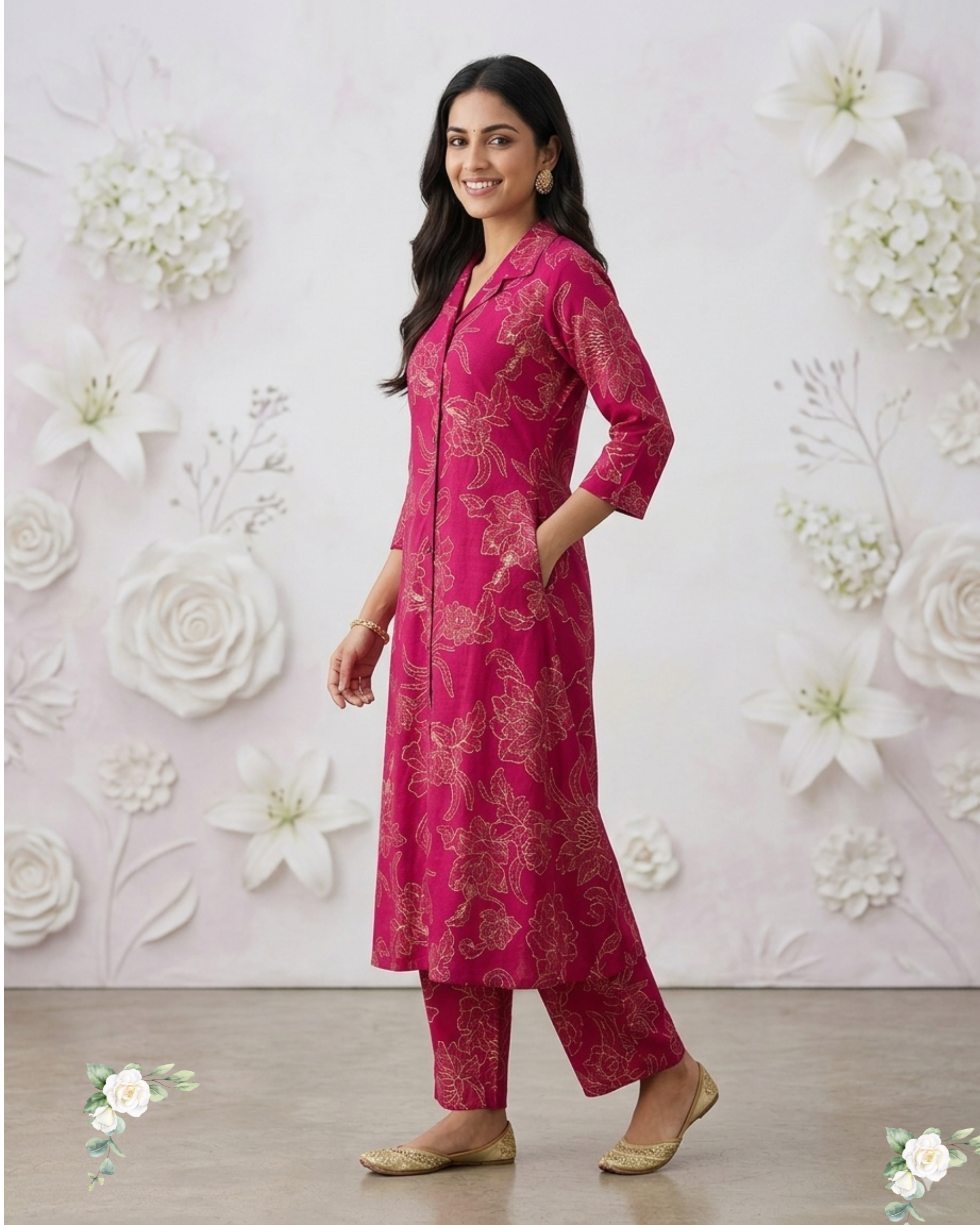 Magenta V-Neck Floral Print Rayon Cotton Kurti Set
