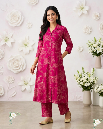 Magenta V-Neck Floral Print Rayon Cotton Kurti Set