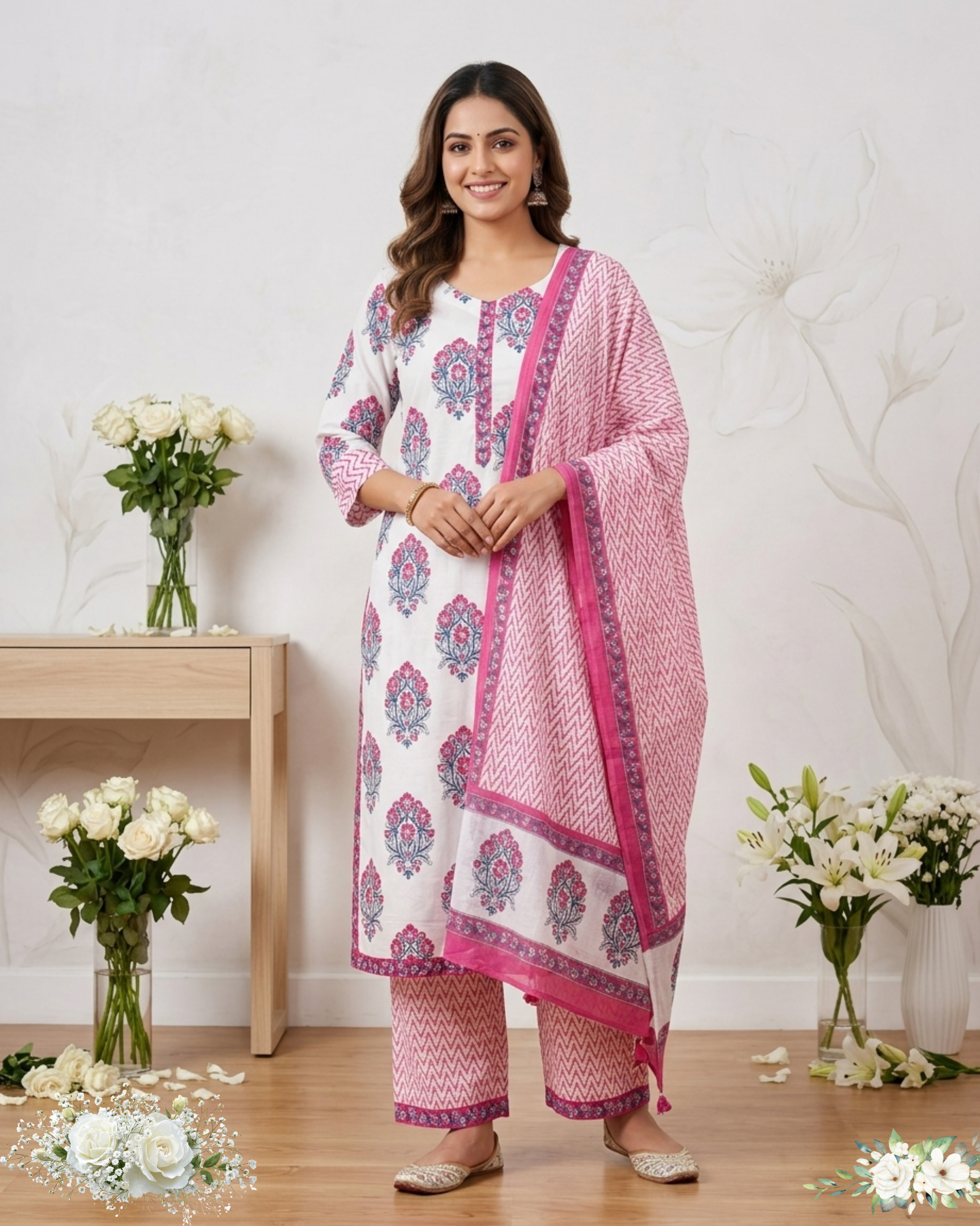 Pink & White Floral Print Cotton kurti With Duppatta Set