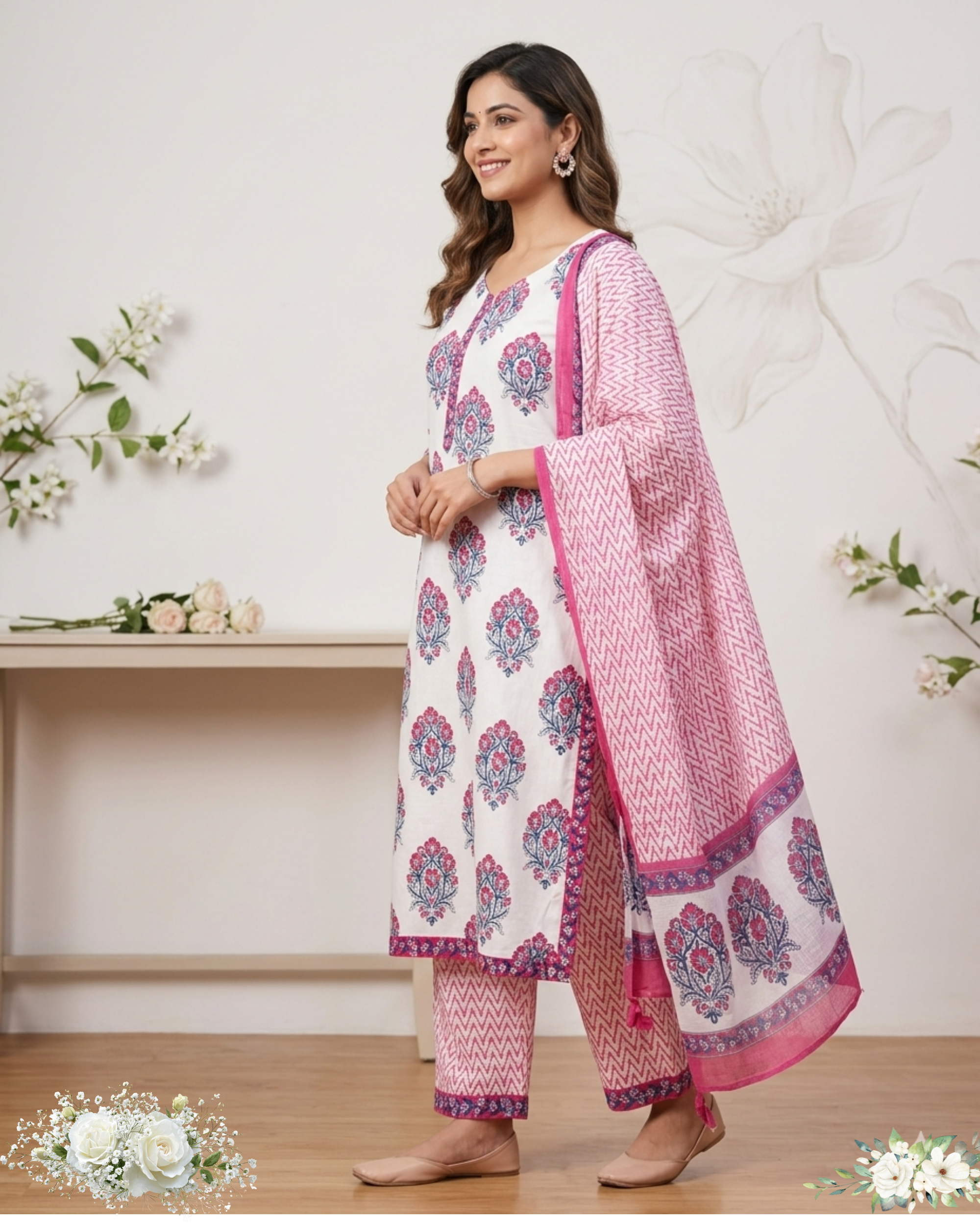 Pink & White Floral Print Cotton kurti With Duppatta Set