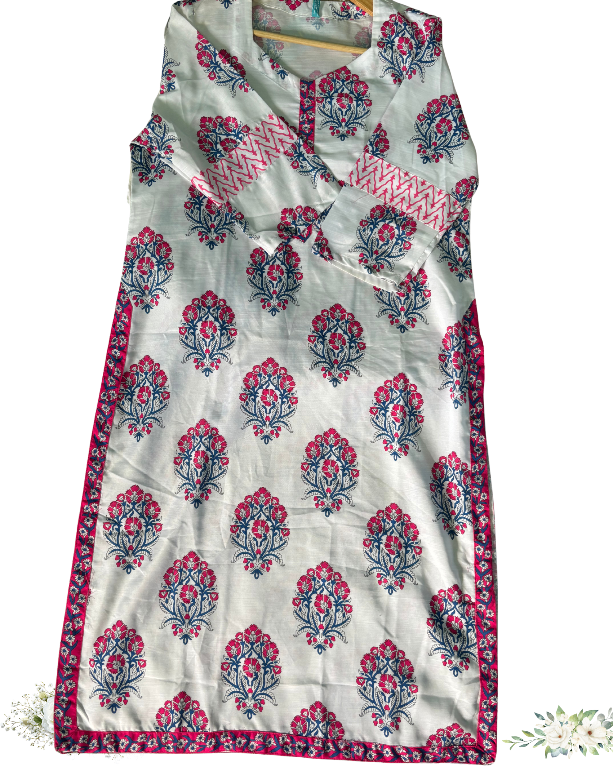 Pink & White Floral Print Cotton kurti With Duppatta Set
