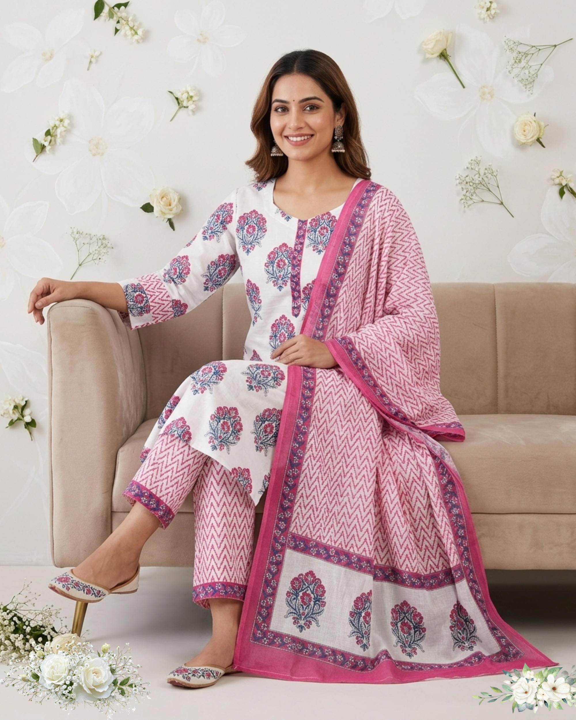 Pink & White Floral Print Cotton kurti With Duppatta Set