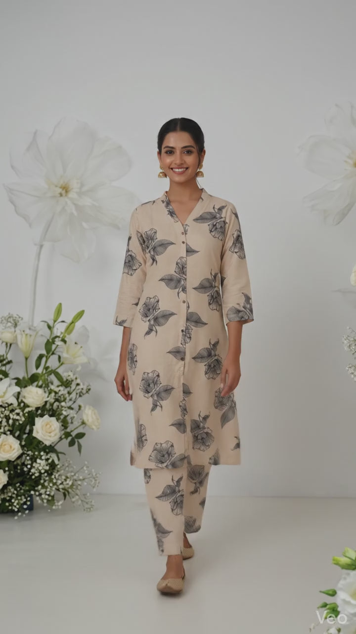 Beige Floral Printed Mulmul Cotton V-Neck Kurti Set